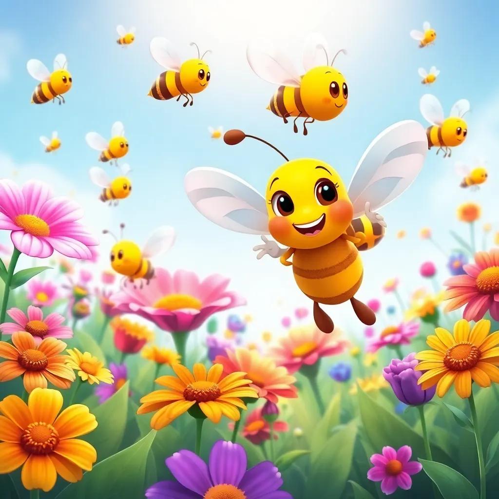 Bees flying around the garden, collecting nectar from various flowers, with Bella leading the way, filled with bright colors and cheerful energy, illustration, vibrant