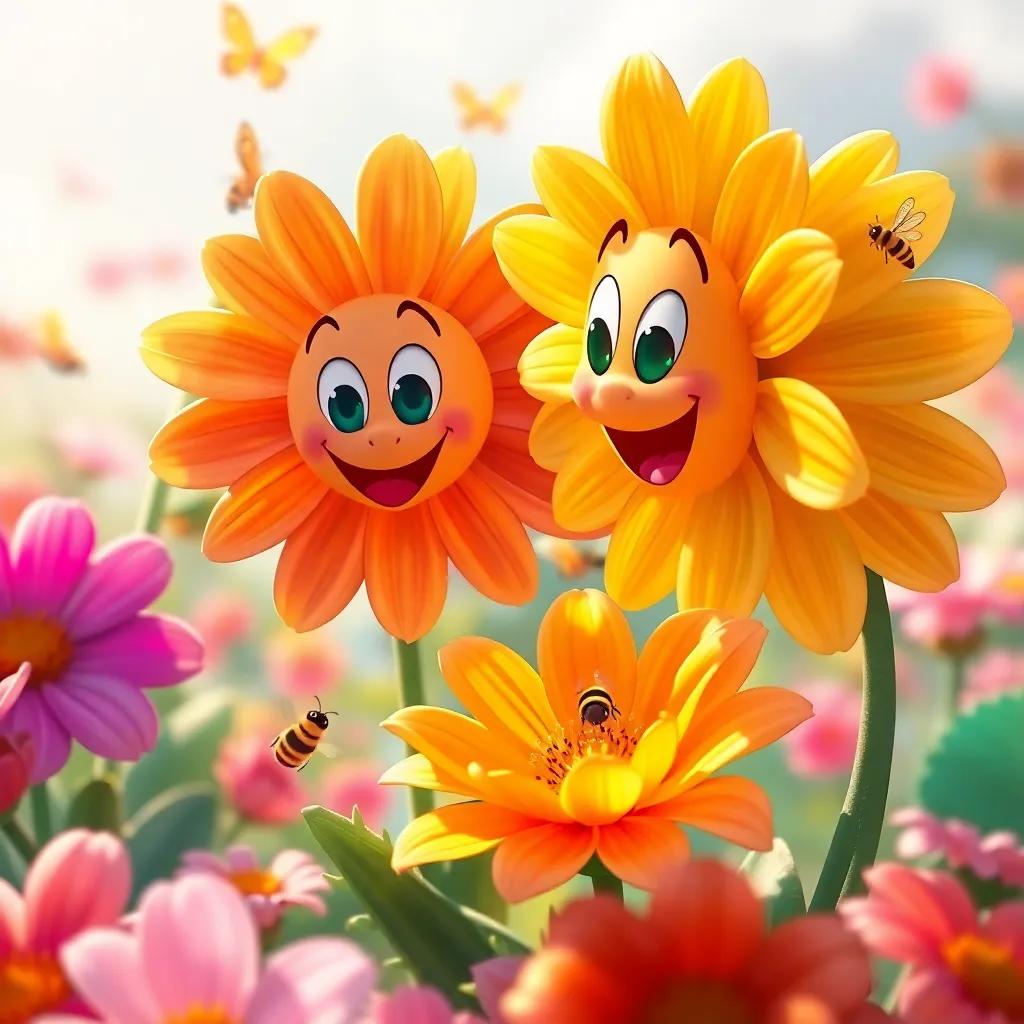 The flowers drinking nectar as they bloom, with happy expressions and bright colors radiating joy, a beautiful garden scene with butterflies and buzzing bees, warm light, captivating