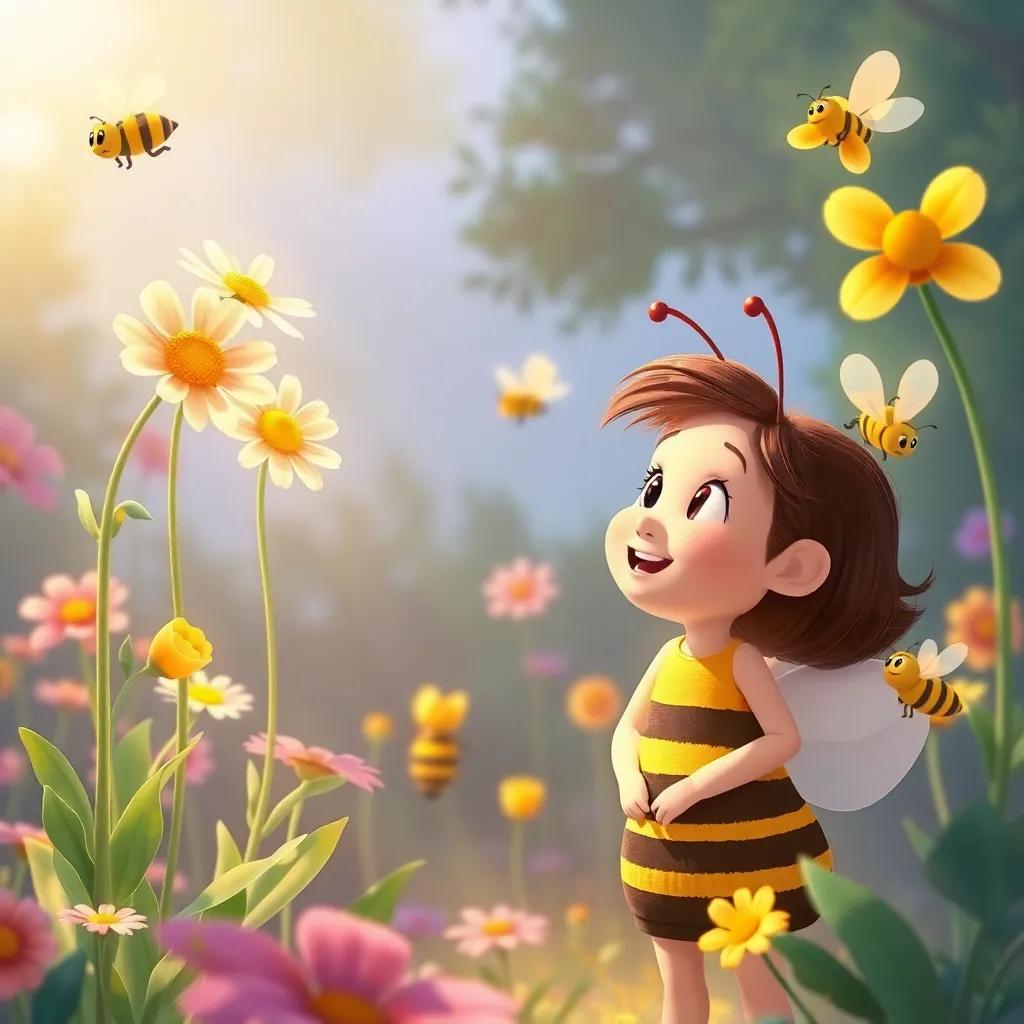 Bella watching the flowers stand up tall and bright, with joyful smiles, other bees buzzing happily around them, an enchanting garden scene, illustrations, cheerful colors