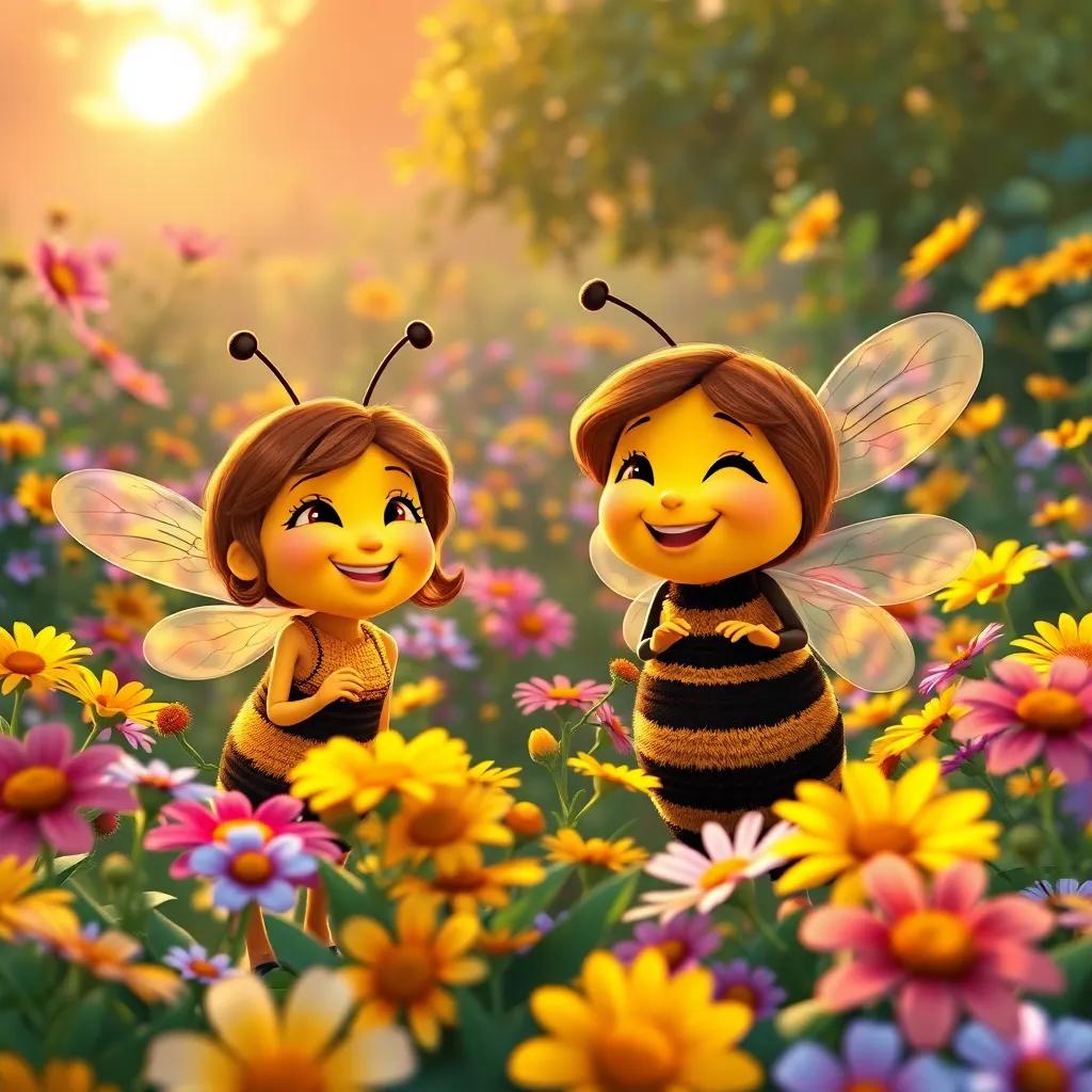 Bella and her bee friends smiling together in a garden full of vibrant flowers, filled with joy and laughter, sunlight dipping below the horizon, heartwarming
