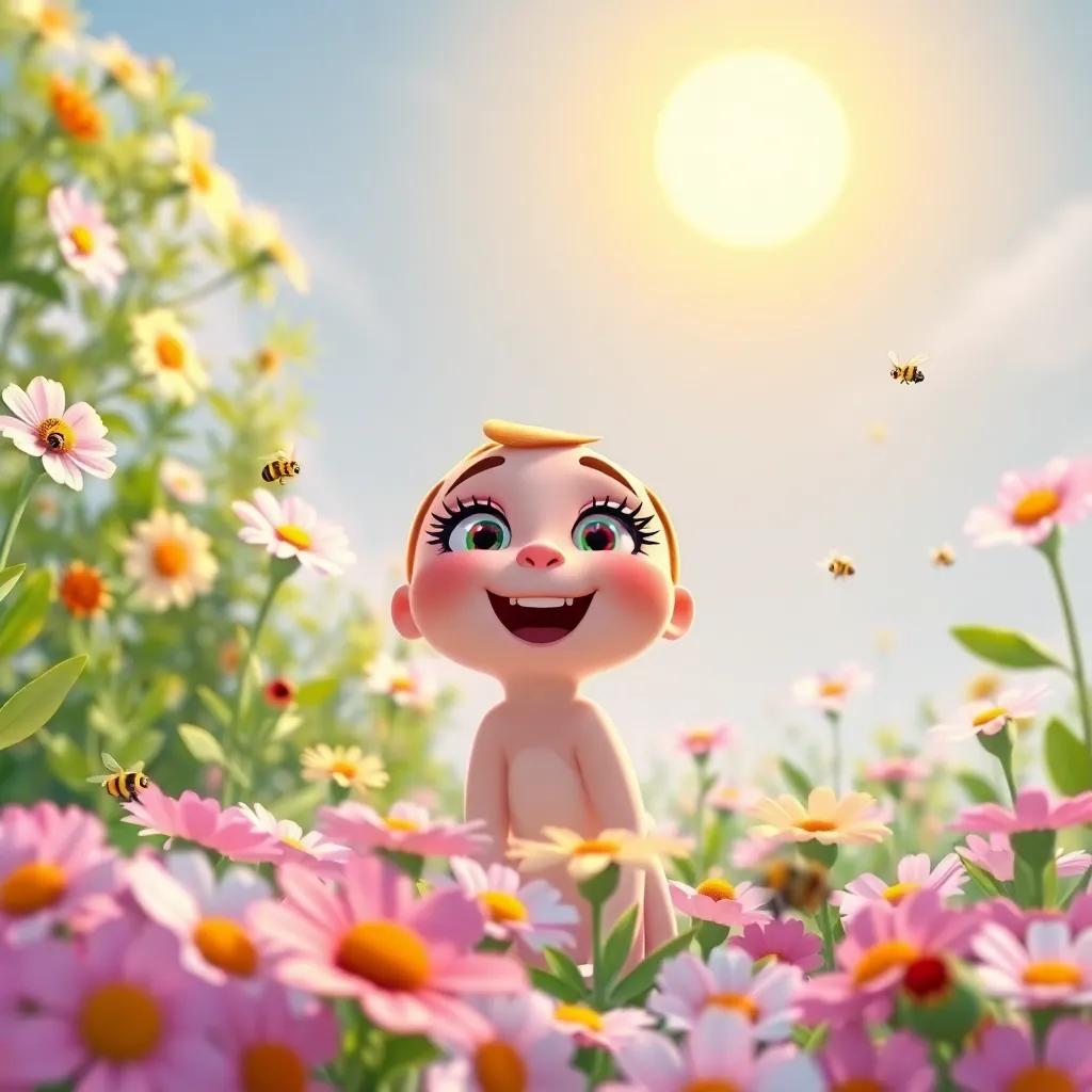 A morning scene with Bella singing a cheerful tune, surrounded by blooming flowers, bees busy working, a bright sun in the sky, digital art, joyful atmosphere