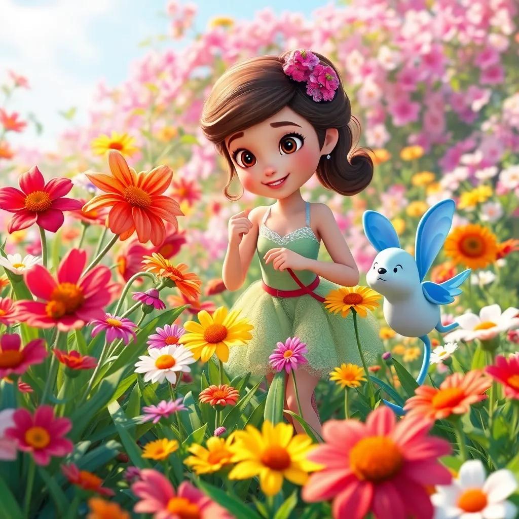 Bella and the flowers playing together in a stunning garden, vibrant and colorful, a beautiful day with all friends together, uplifting, idyllic scene