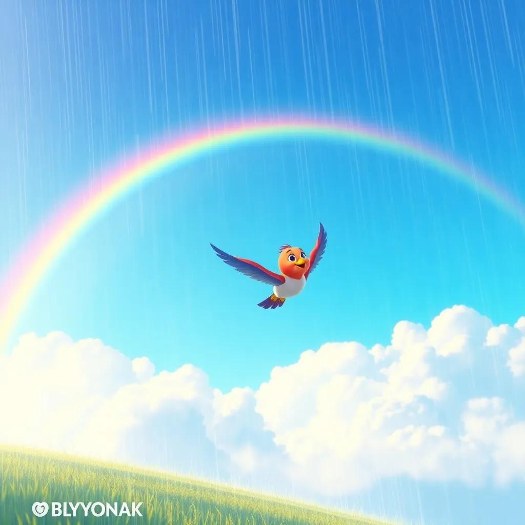 A serene scene of a rainbow stretching across the sky after a gentle rain, with Bella the bird soaring joyfully beneath it in a vibrant blue sky, magical feeling, detailed digital art, colorful, uplifting