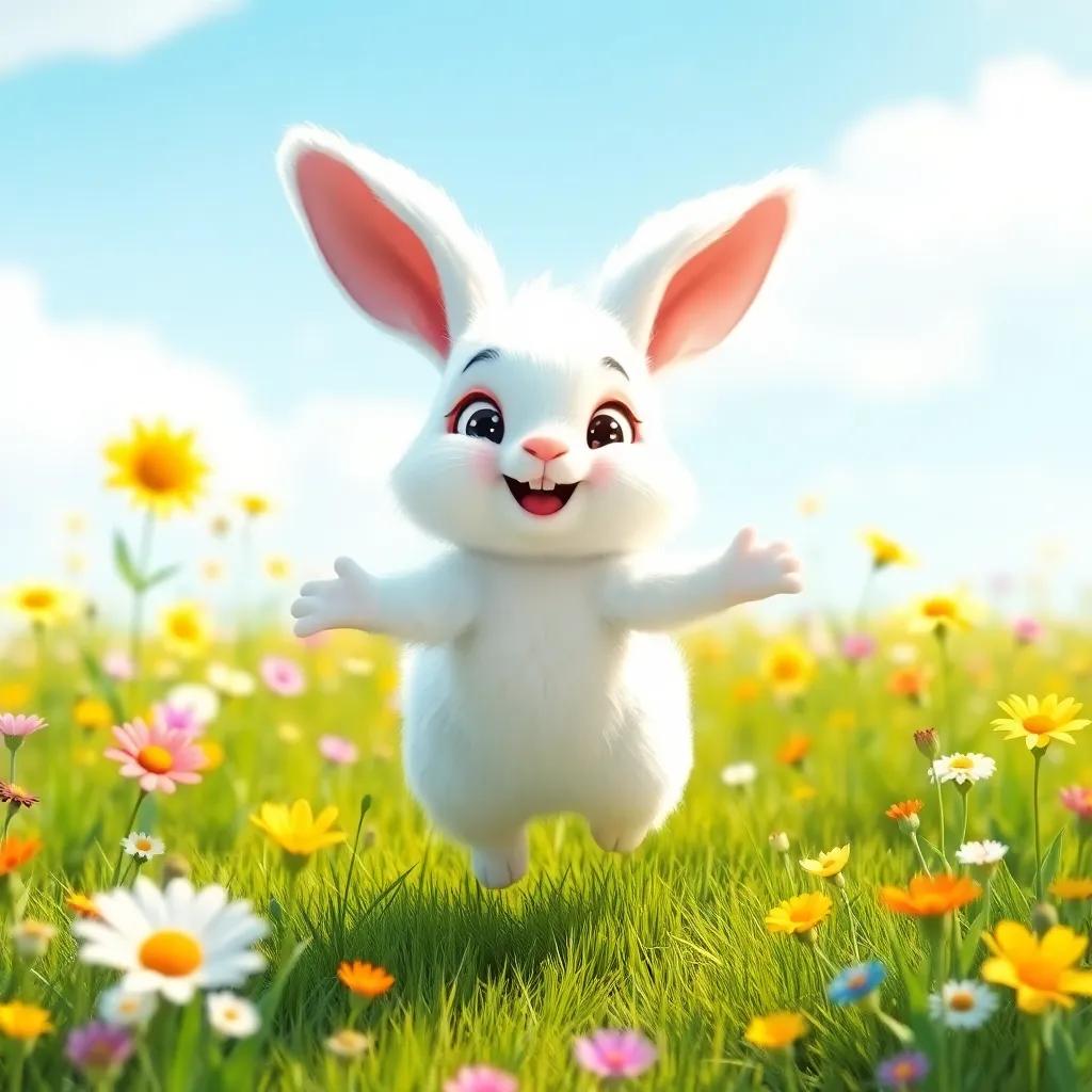 A fluffy rabbit named Benny, a cute white bunny with big ears and sparkling eyes, hopping joyfully in a sunny meadow filled with flowers, inviting Bella to play, bright cheerful colors, playful mood, vibrant details