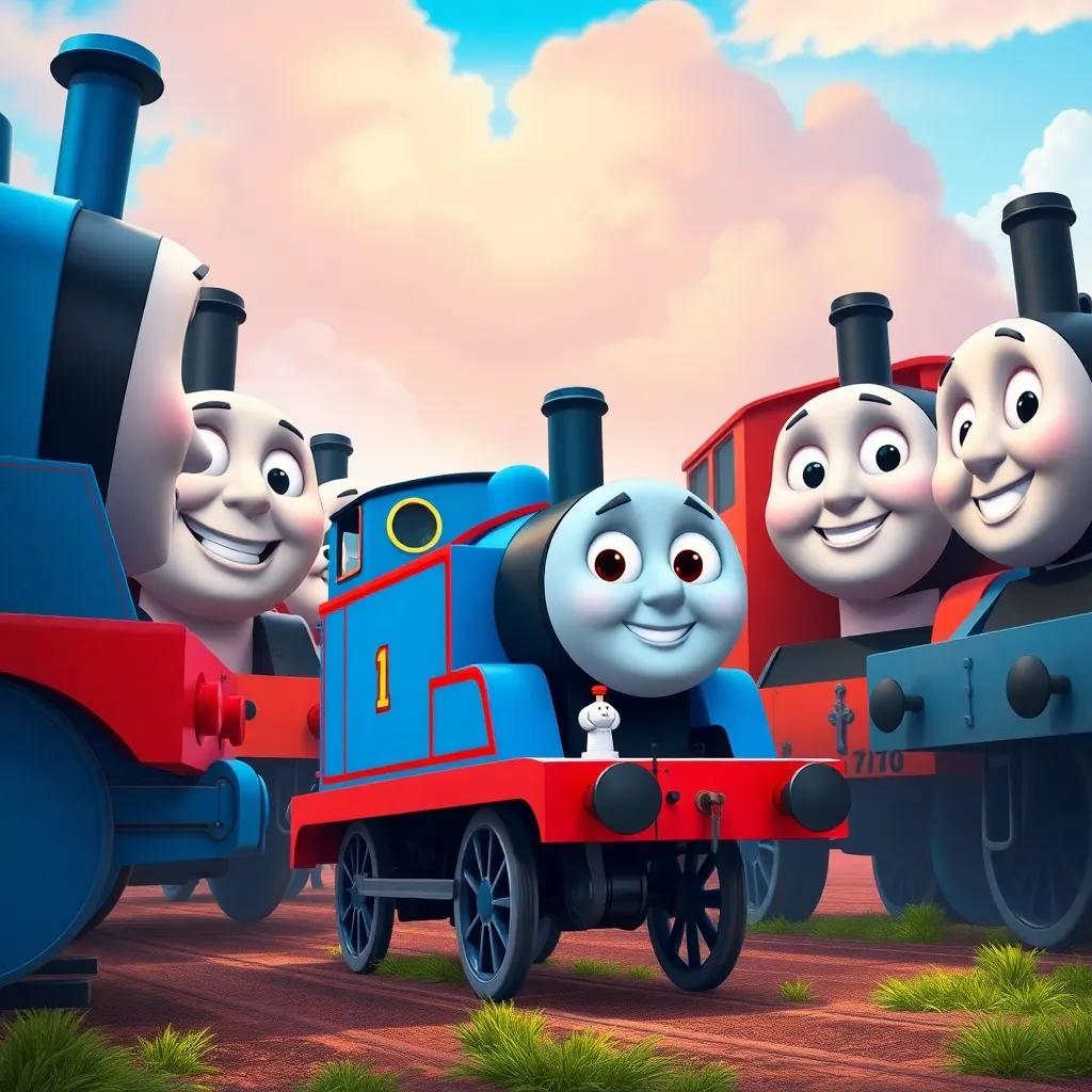 Big engines standing around, laughing and turning away, while the brave little blue engine stands tall and confident, determined expression, vibrant scenery, illustration, fun and whimsical, high quality