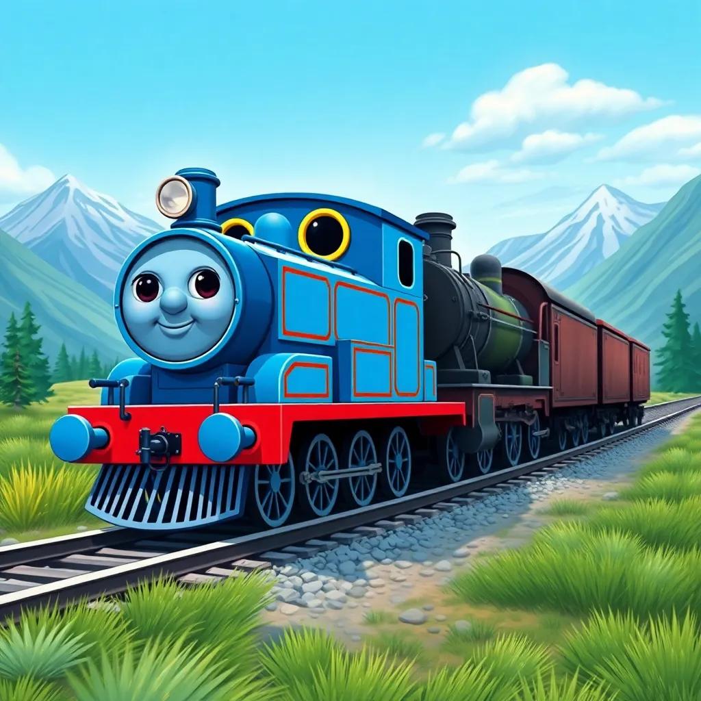 The little blue engine starts pulling the heavy train, her wheels chugging over tracks, mountains in the background, focus on her strength and determination, colorful illustration, joyful atmosphere, high quality