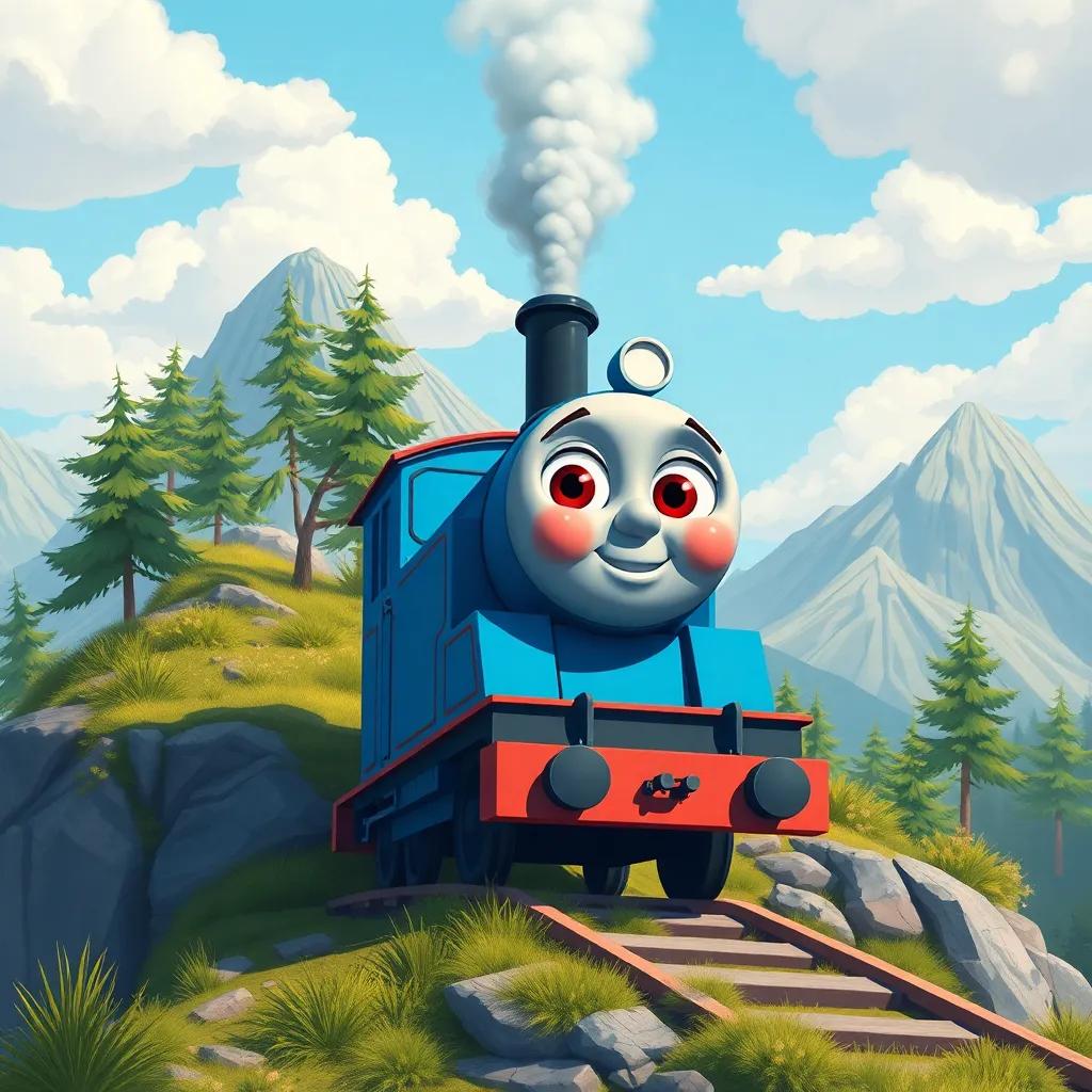 The little blue engine puffing up the mountain, with trees and rocks flying by, inspiring scenery, clouds above, determination in her eyes, illustration, bright colors, adventure feel, high quality