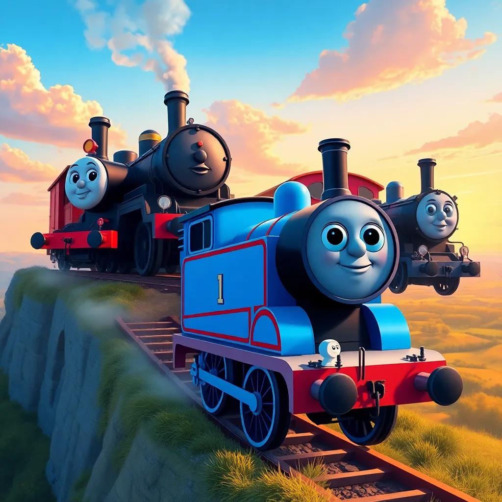 The little blue engine glances back at the big engines watching her climb, excitement and confidence in the air, colorful landscape below, cheerful sky, illustration, encouraging tone, high quality
