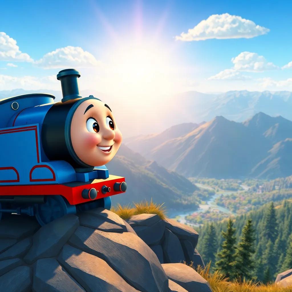 At the mountain's peak, the little blue engine looks out at the stunning view below, joy on her face, sunlight shining bright, colorful scenery, illustration, heartwarming moment, high quality