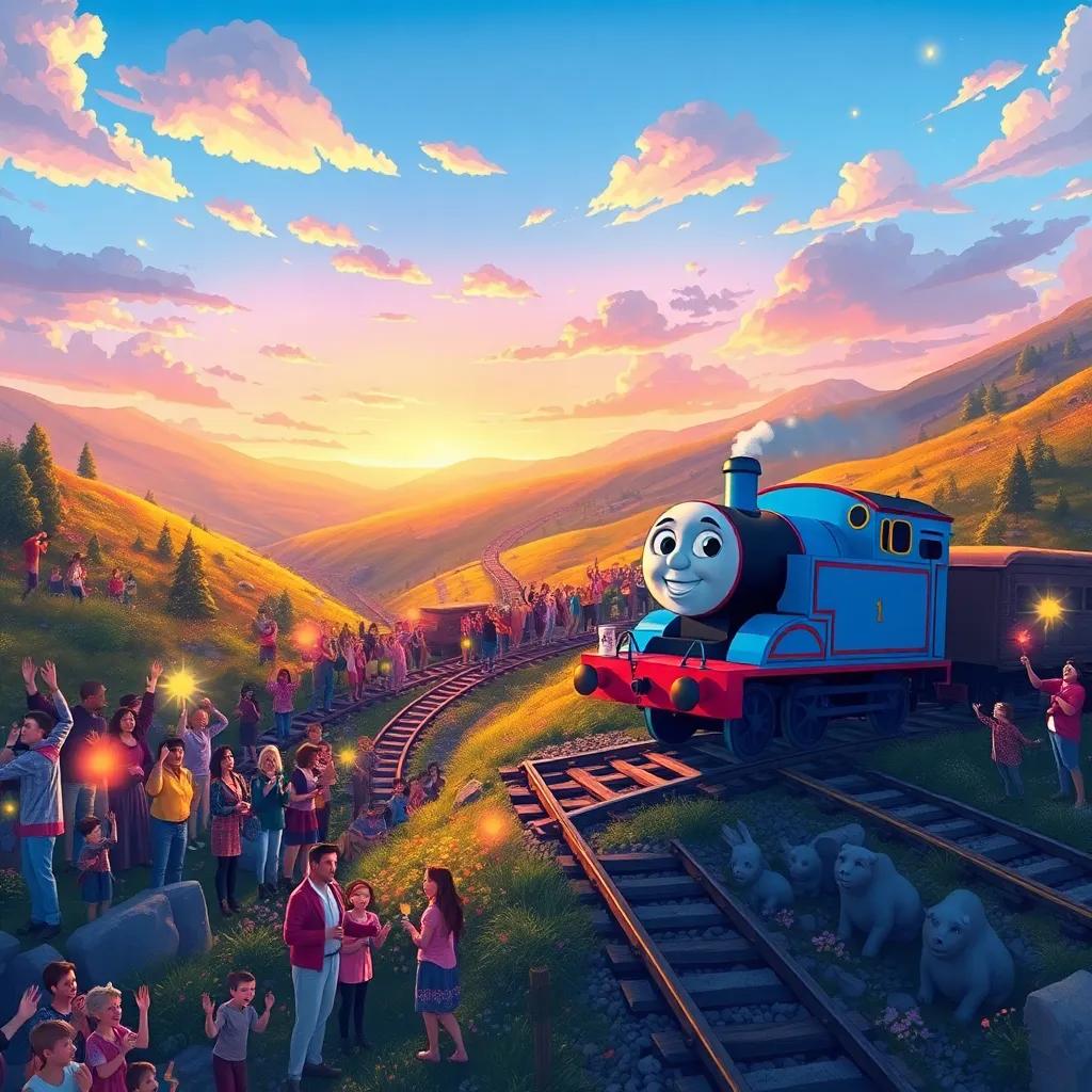 The valley below full of cheering trains, celebrating the little blue engine, a grand atmosphere of joy and excitement, colorful scene, cheerful skies, illustration, festive mood, high quality
