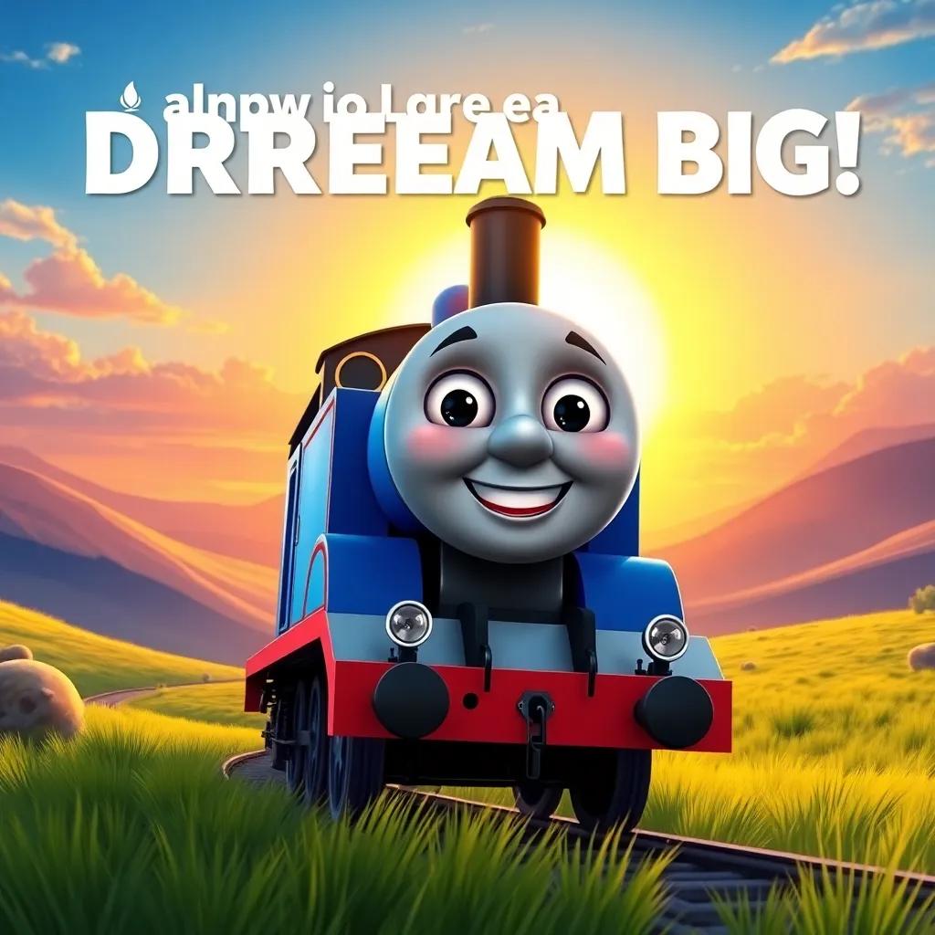 A dynamic and colorful conclusion with the little blue engine smiling confidently, a radiant sunset behind her, teaching kids to dream big, vibrant landscape, illustration, motivational message, high quality