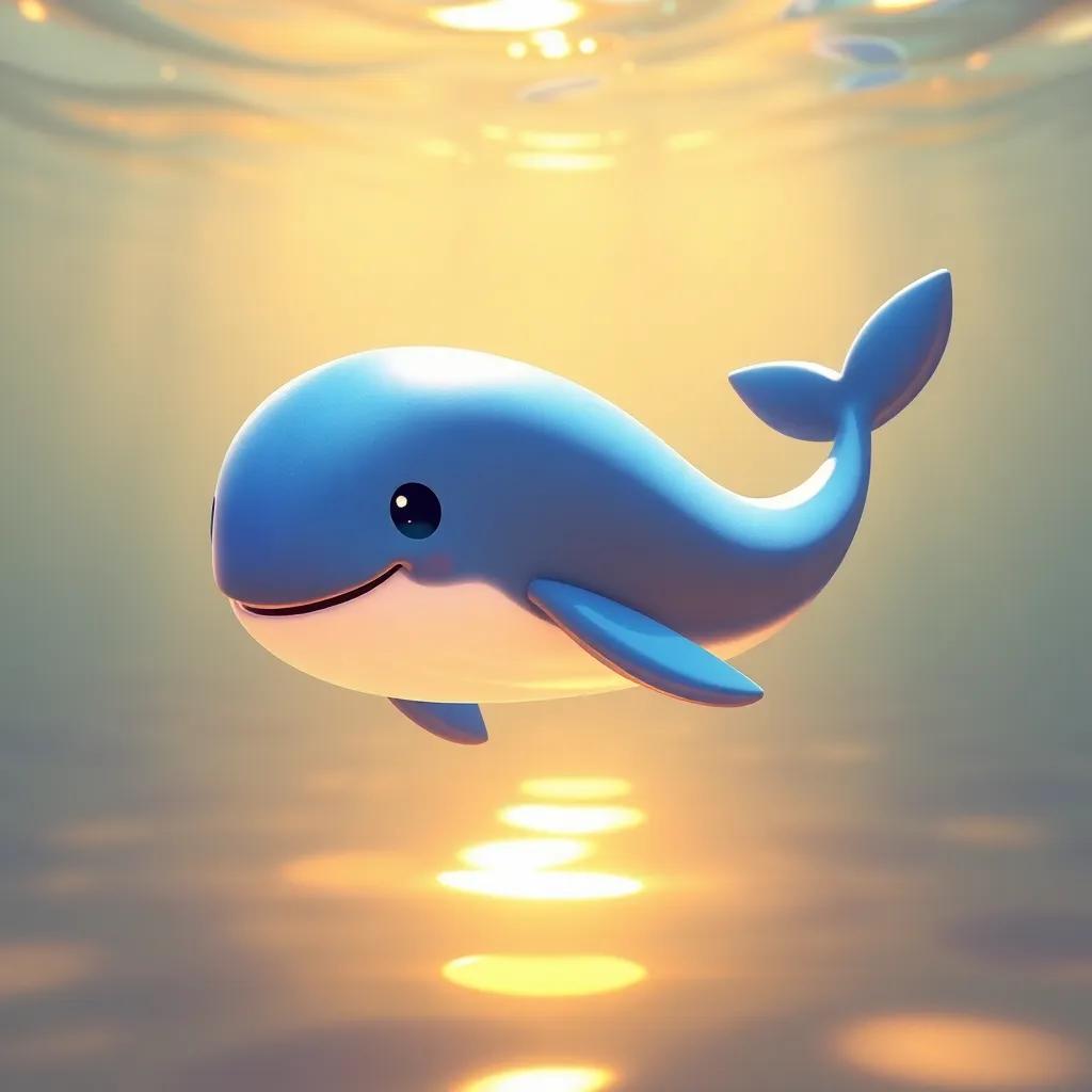 A little blue whale, Bella, with shiny blue skin, swimming through a warm ocean, sunlight sparkling on the surface, digital art, cheerful, inviting atmosphere, high quality