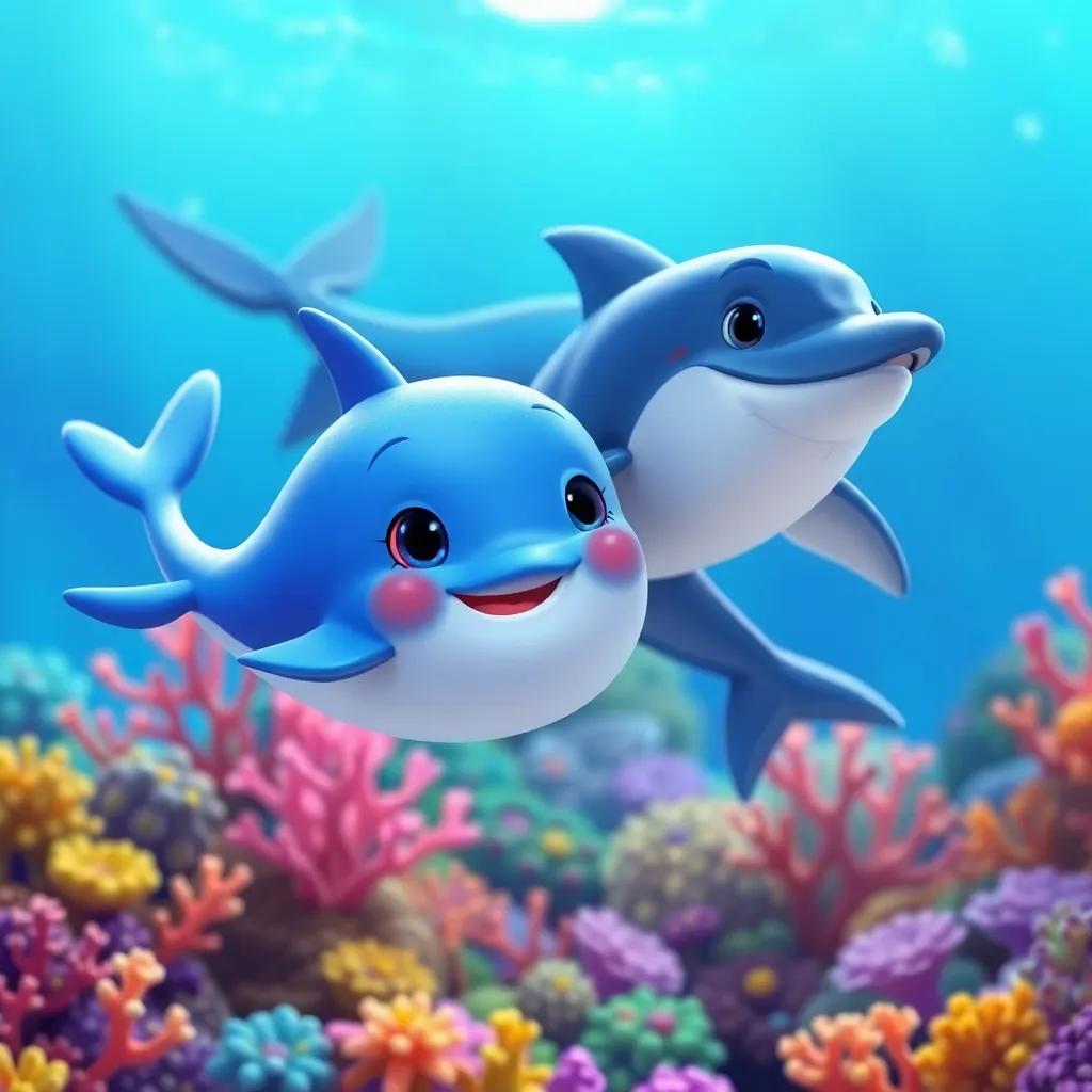 Bella, a little blue whale, swimming with a playful dolphin, both smiling, surrounded by colorful coral reef, bright colors, underwater scene, vibrant and lively