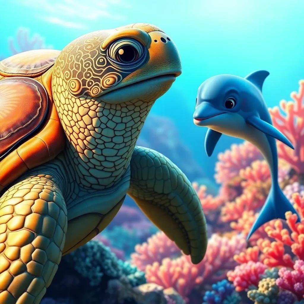 A wise old turtle with intricate patterns on his shell, talking to Bella and the dolphin near the coral, soft lighting, colorful coral background, heartwarming moment, uplifting