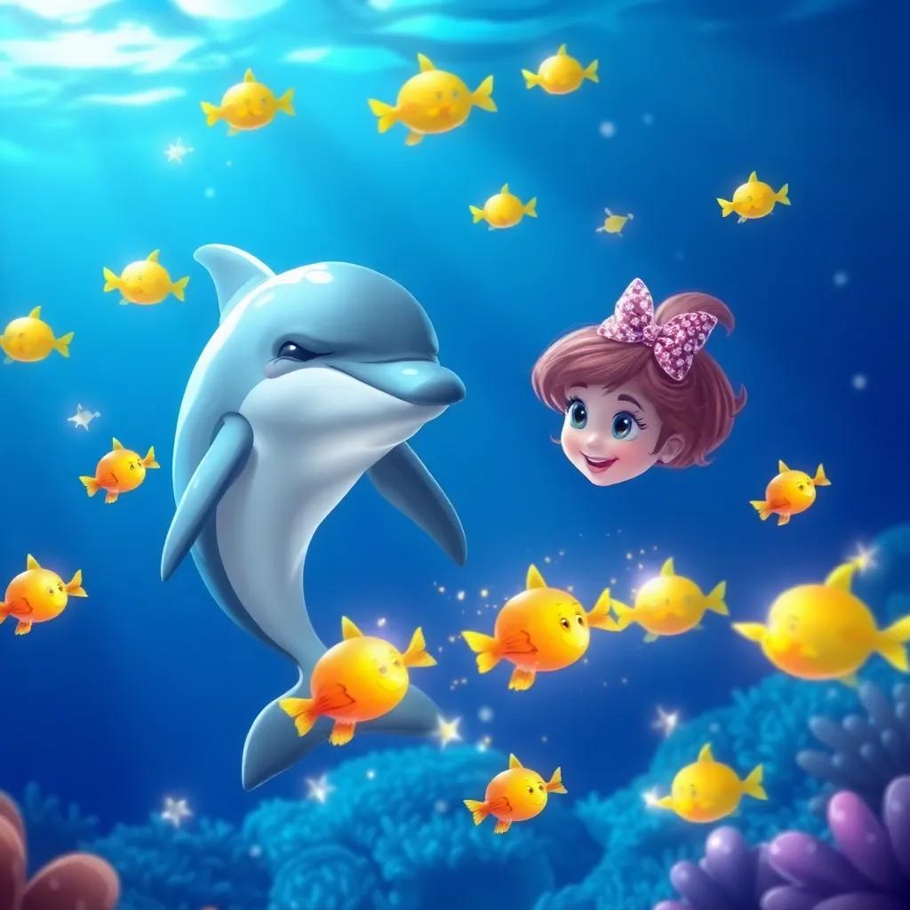 Bella and the dolphin discovering shiny fish dancing around them, all swimming happily in the ocean, bright colors, cheerful and festive atmosphere, high quality