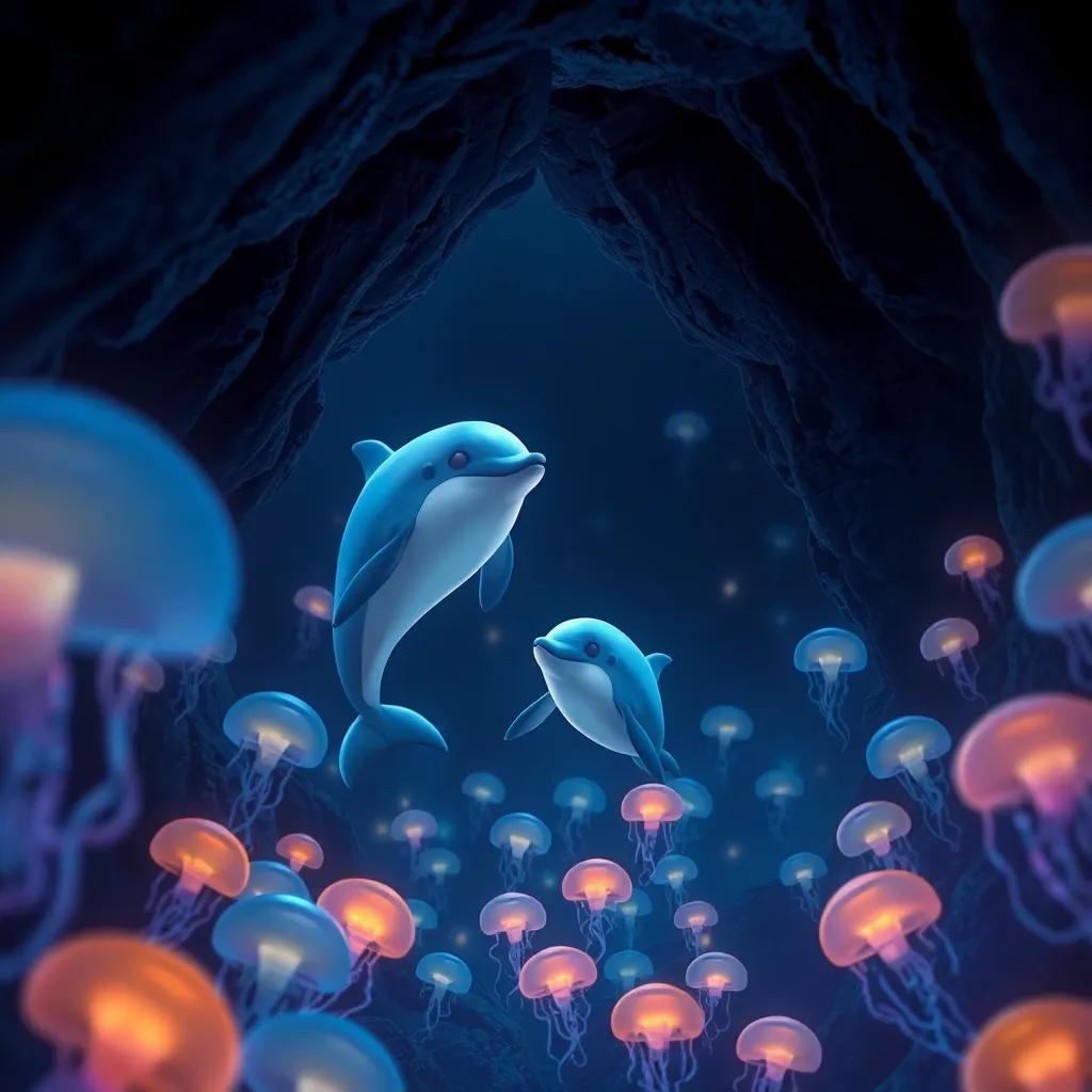 Bella and her dolphin friend entering a dark cave filled with glowing jellyfish, enchanting lighting, mysterious yet friendly scene, magical vibe, digital art