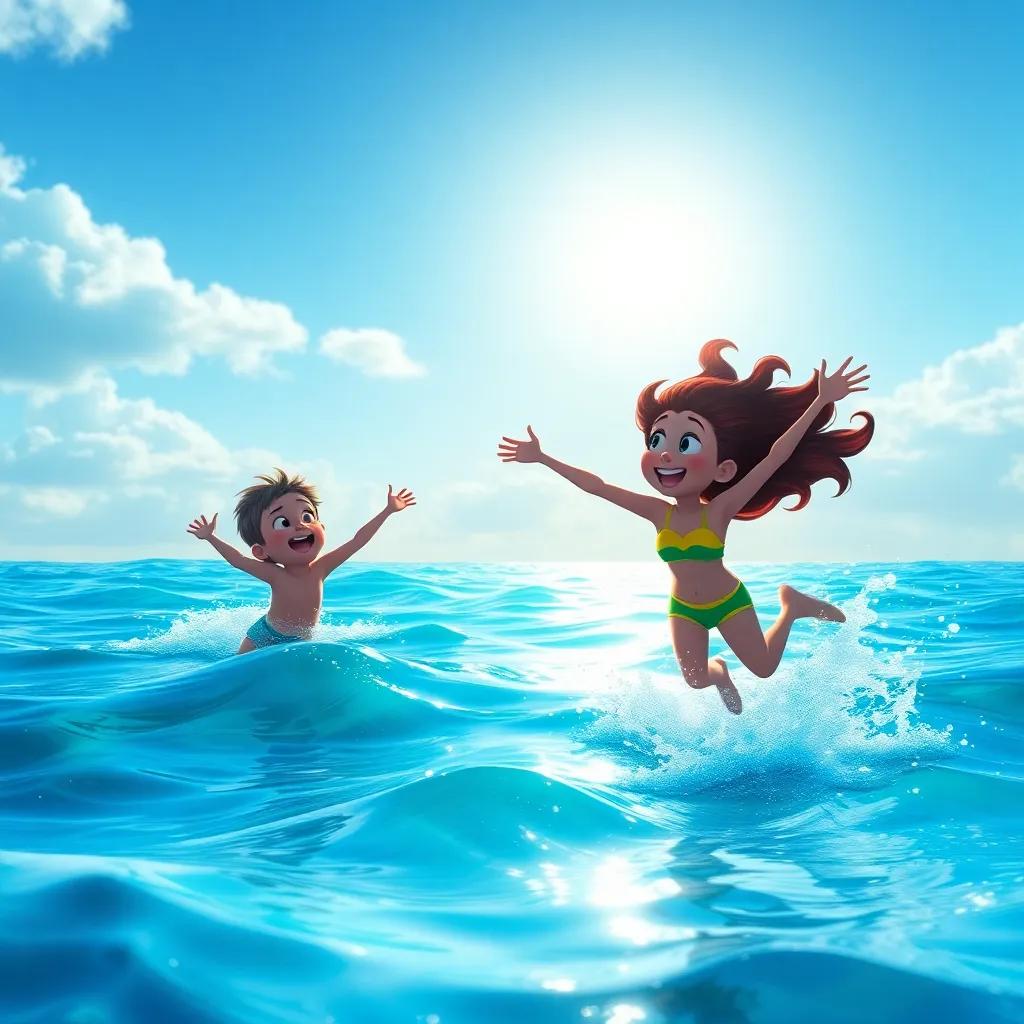 The sun shining bright, Bella hearing her family's singing sound, jumping with joy in the ocean, an exploration feel, vibrant and joyful atmosphere