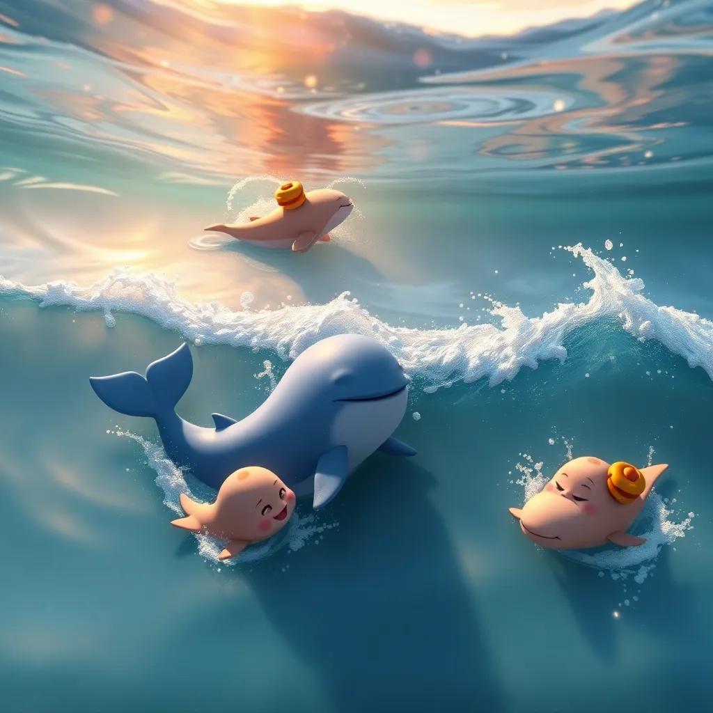 Bella, a little blue whale, swimming towards her family, who are playing and splashing joyfully in the waves, warm and happy scene, capturing love and reunification