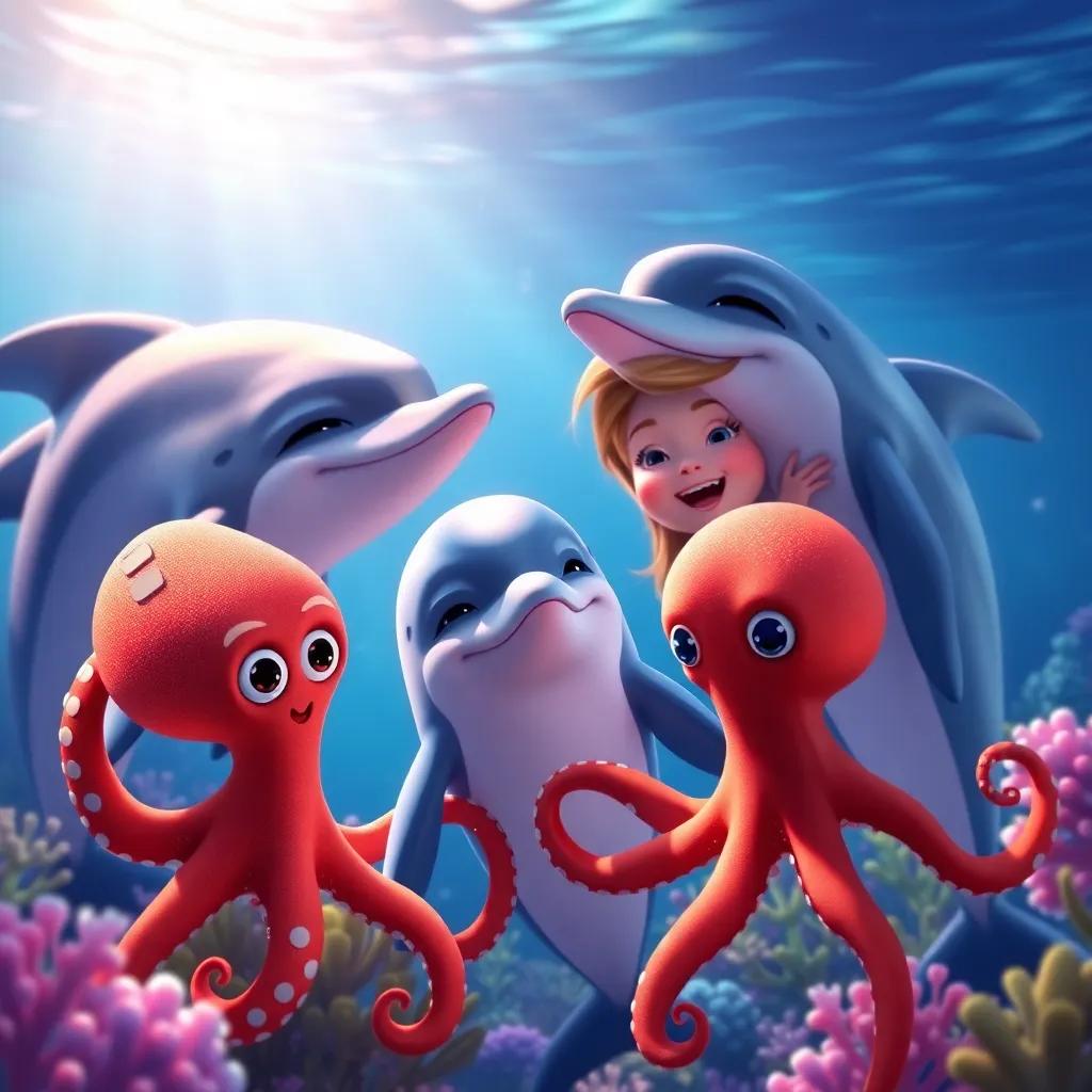 Bella thanking her dolphin and octopus friends, smiling together in a colorful underwater landscape, beautiful lighting, sense of community and teamwork, uplifting