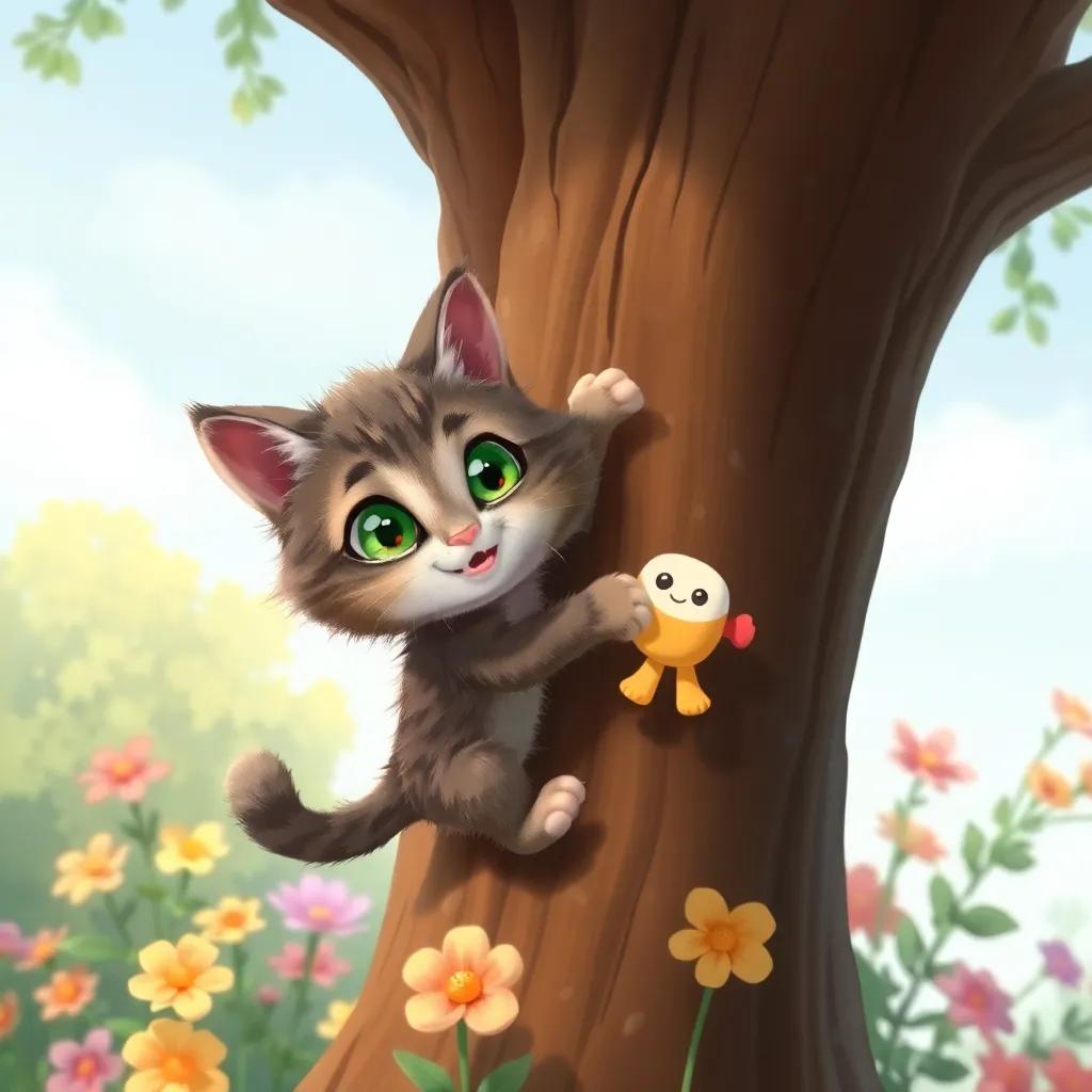 A brave little cat named Momo, with fluffy fur and bright green eyes, climbing a tall tree, rescuing a little toy, surrounded by colorful flowers, illustration, adventurous vibe, child-friendly