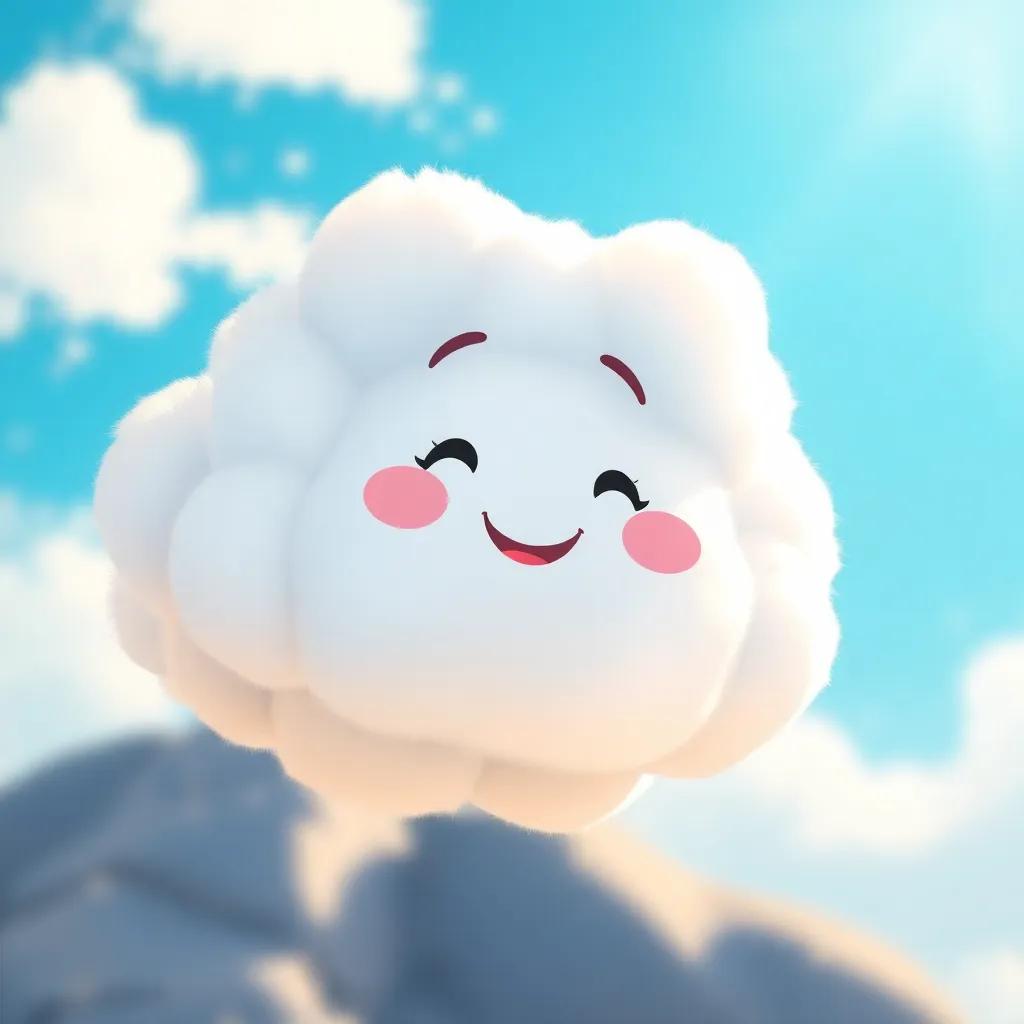 A fluffy little cloud with a cheerful face, floating in a bright blue sky, with sunlight shining through, the scene is colorful and inviting, illustration, child-friendly, joyful atmosphere