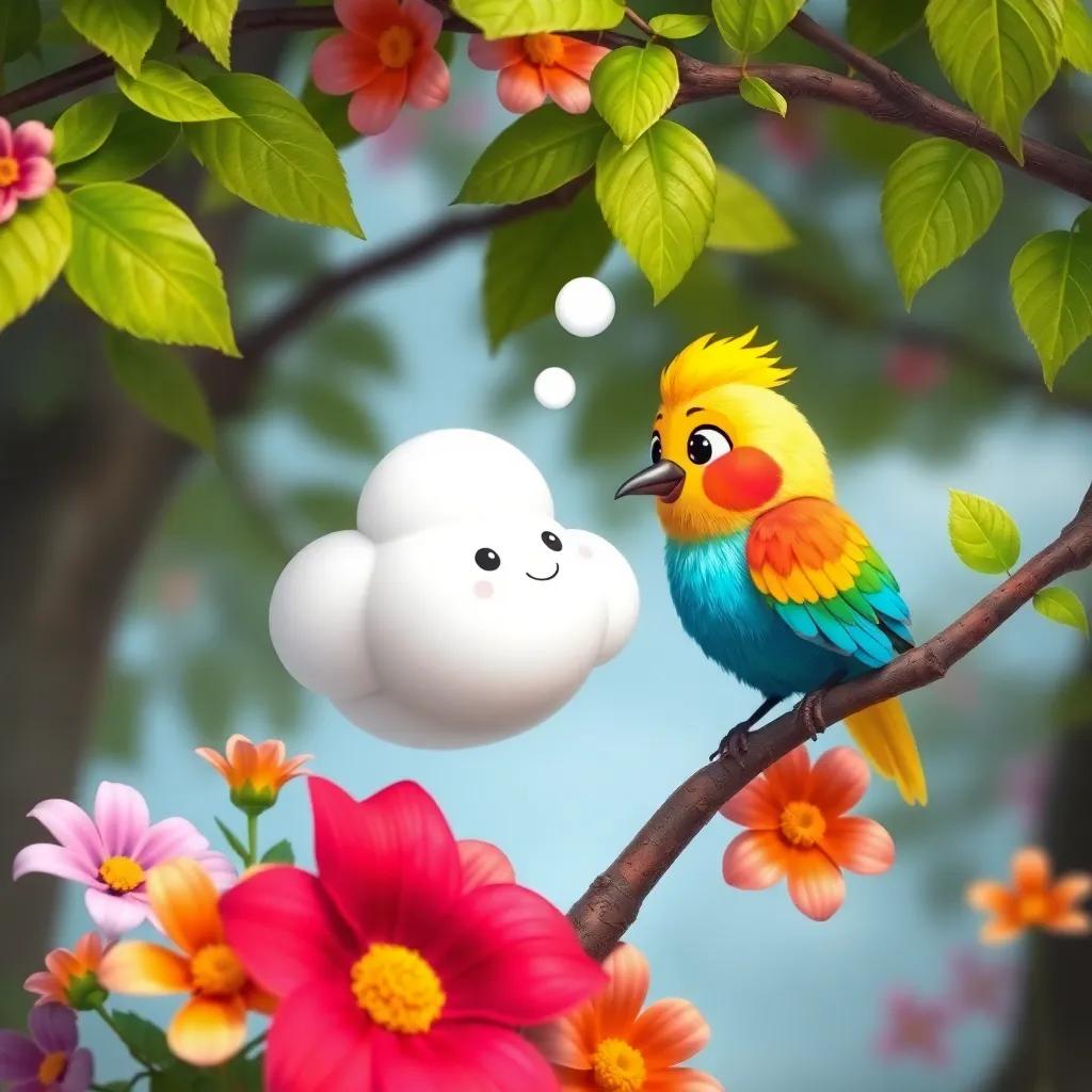A little cloud speaking to a cheerful, colorful bird, perched on a tree branch, surrounded by vibrant flowers and green leaves, digital art, lively, friendly interaction