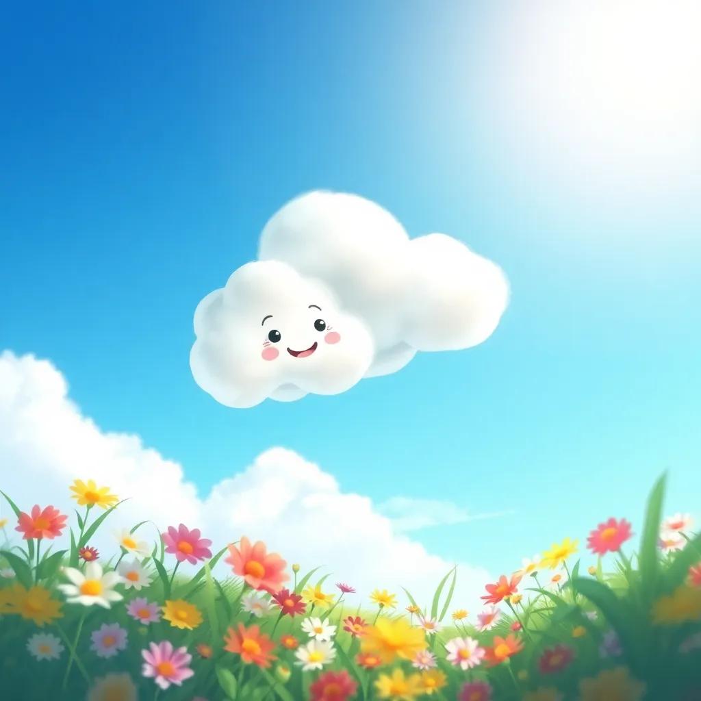 The little cloud happily floating down low, watching bright flowers spread below under blue skies, with a gentle breeze, cheerful and colorful scene, illustration, playful nature