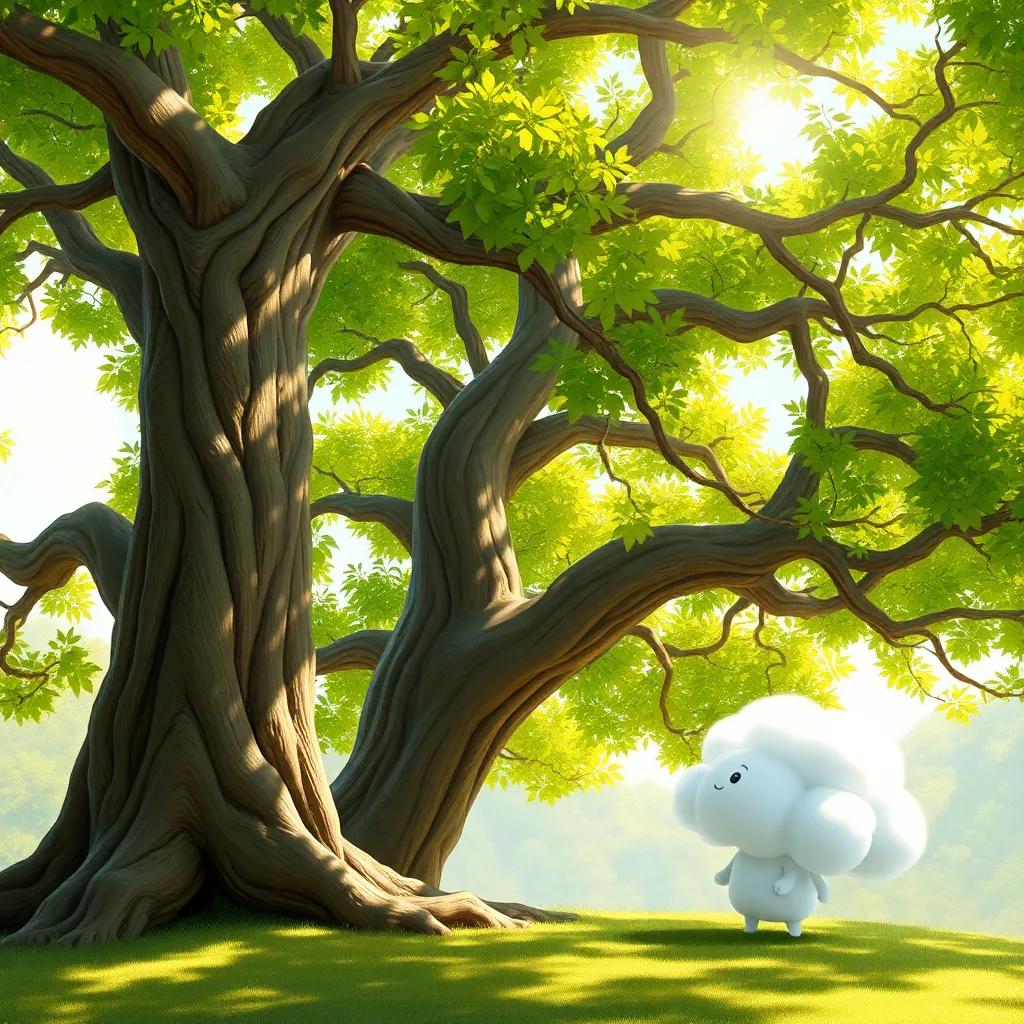 The little cloud talking to a wise old tree with lush green leaves and branches, the tree looks wise and friendly, bright sunlight filtering through, heartwarming atmosphere, digital painting