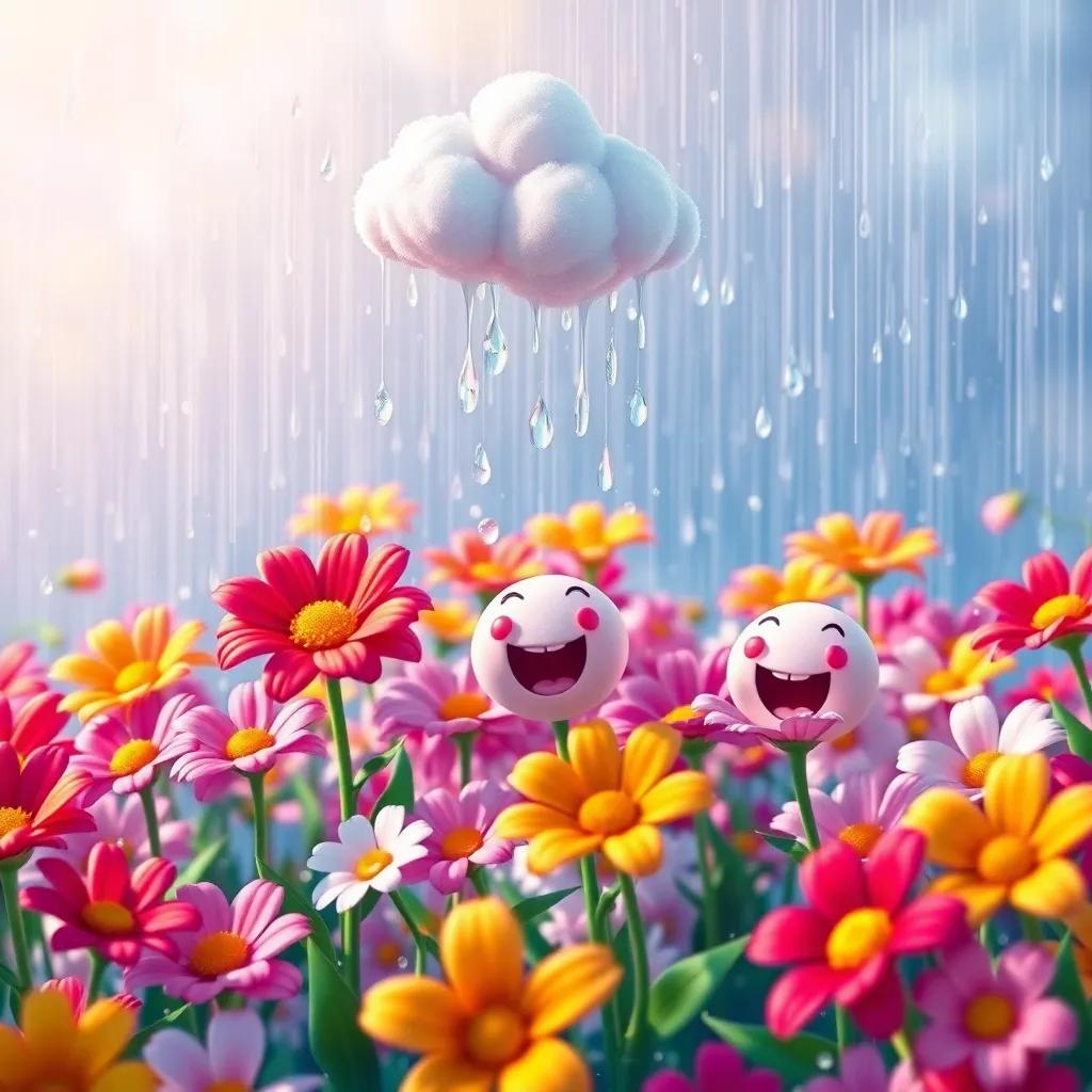 A group of joyful raindrops splashing on flowers, vibrant colors everywhere, the little cloud looking down from above, delighted by the fun, cheerful digital art, colorful splashing scenery