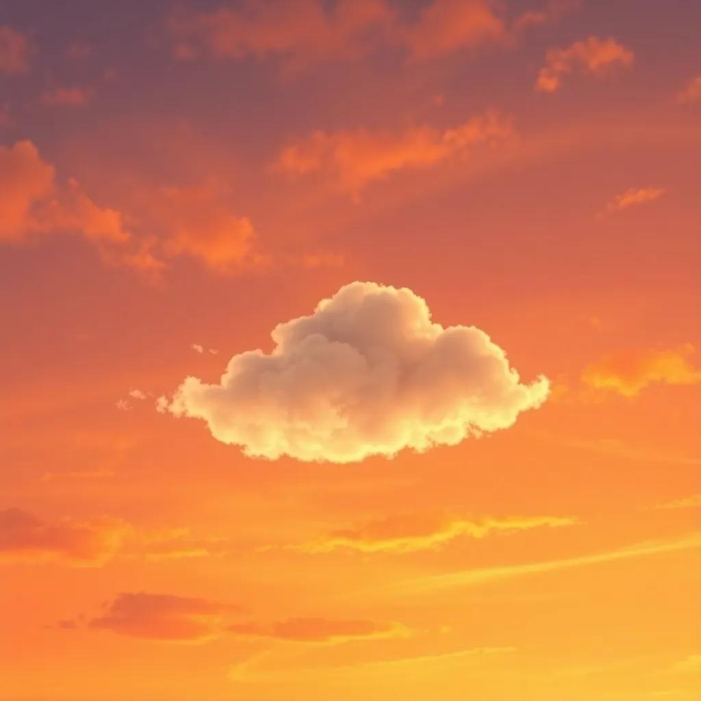 The little cloud soaring through the warm air, fluffy and bright against a sunset sky, with shades of orange and purple, peaceful and stunning view, digital painting