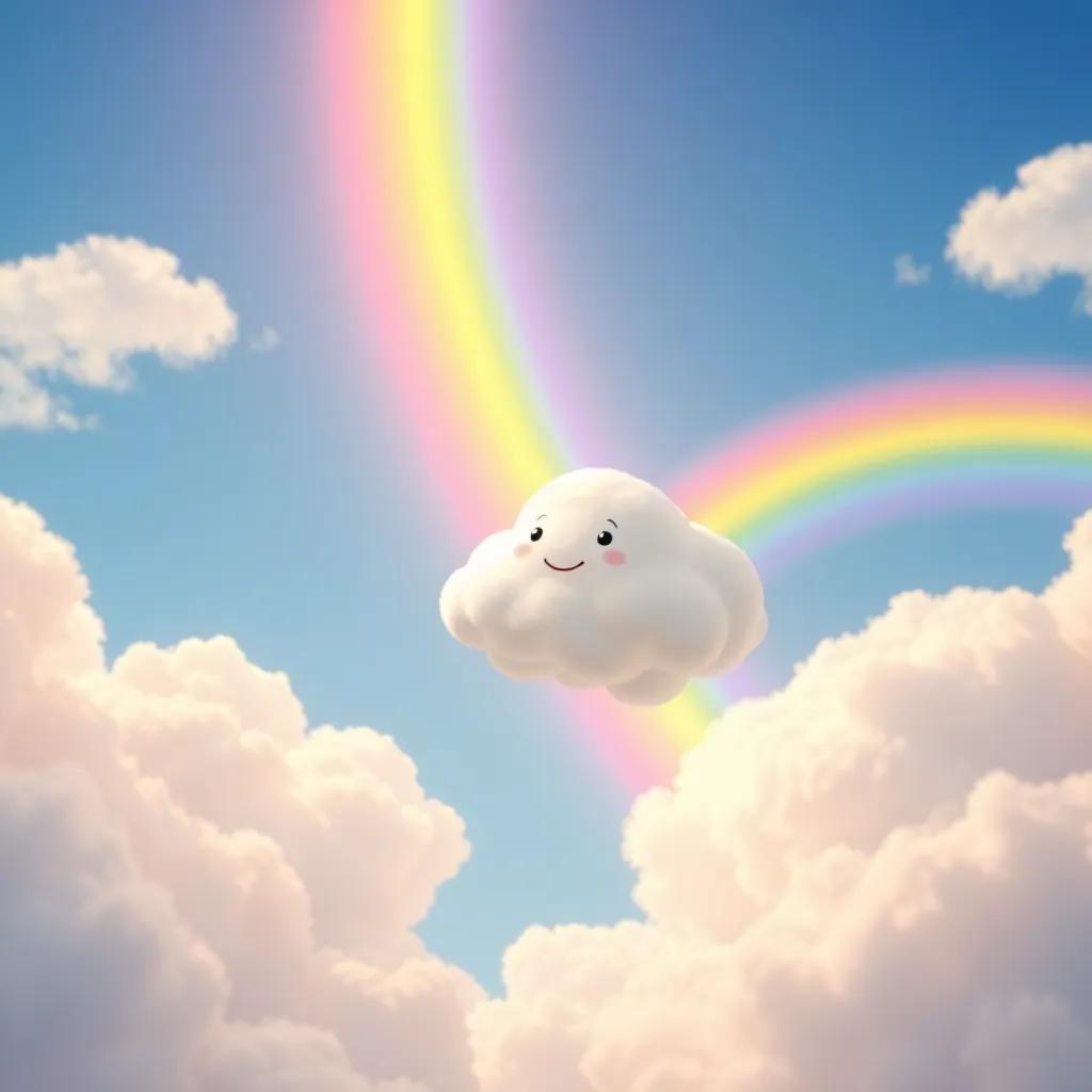 The little cloud happily floating next to a bright rainbow in the sky, with fluffy clouds and blue background, the atmosphere is happy and magical, colorful digital art