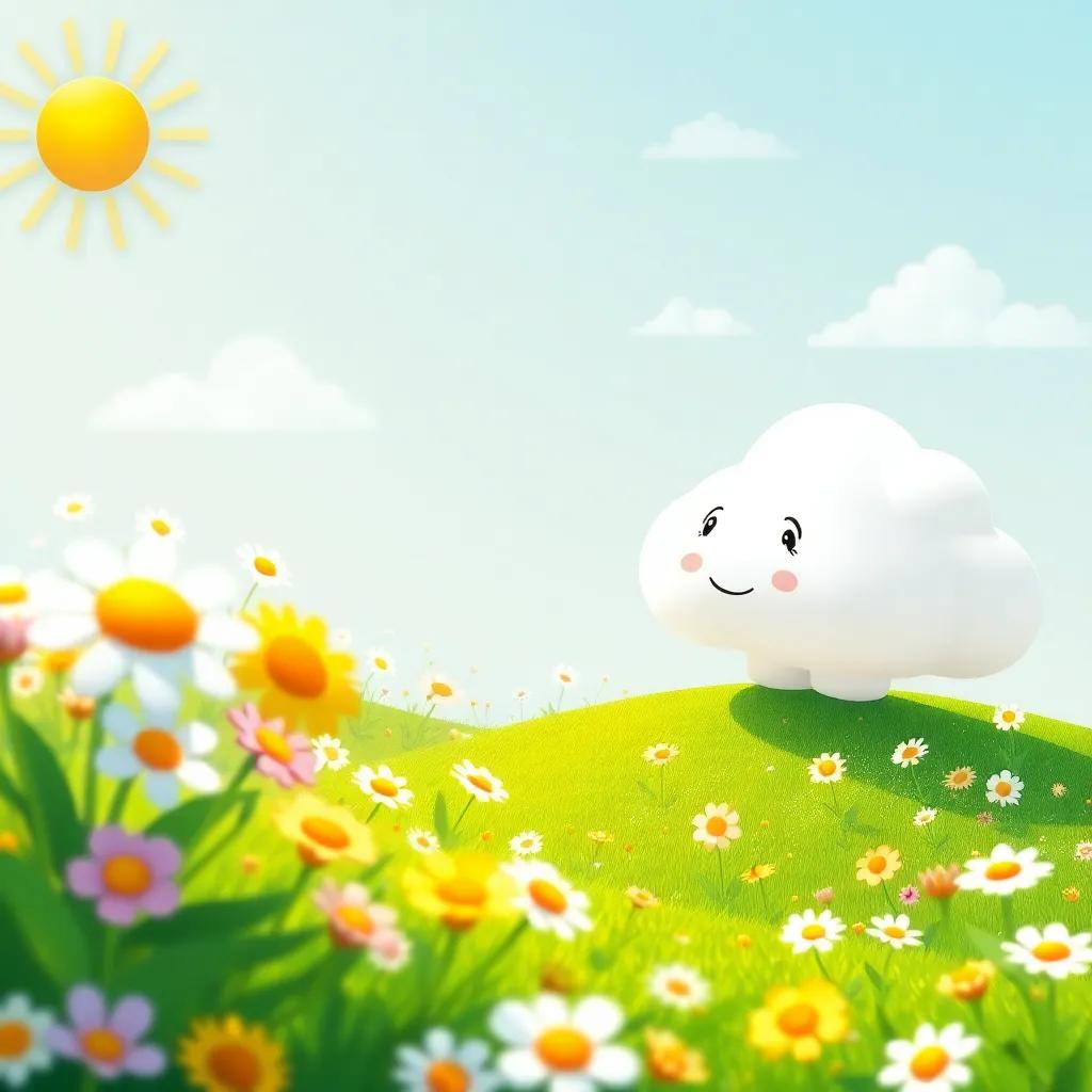 The little cloud looking over a beautiful green landscape filled with blooming flowers, sunshine and laughter everywhere, happy and vibrant scene, child-friendly illustration