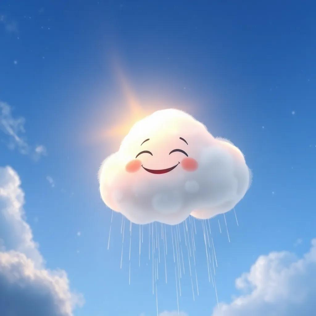 The little cloud smiling with joy, realizing its purpose in the sky with a radiant glow, sharing light and rain with nature, a bright and uplifting scene, digital art