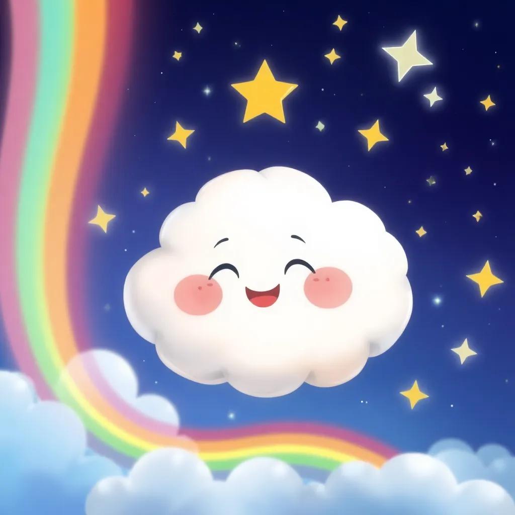 A joyful little cloud, surrounded by colorful rainbows and sparkling stars in the night sky, looking content and radiant, magical and whimsical atmosphere, illustration, dreamlike quality