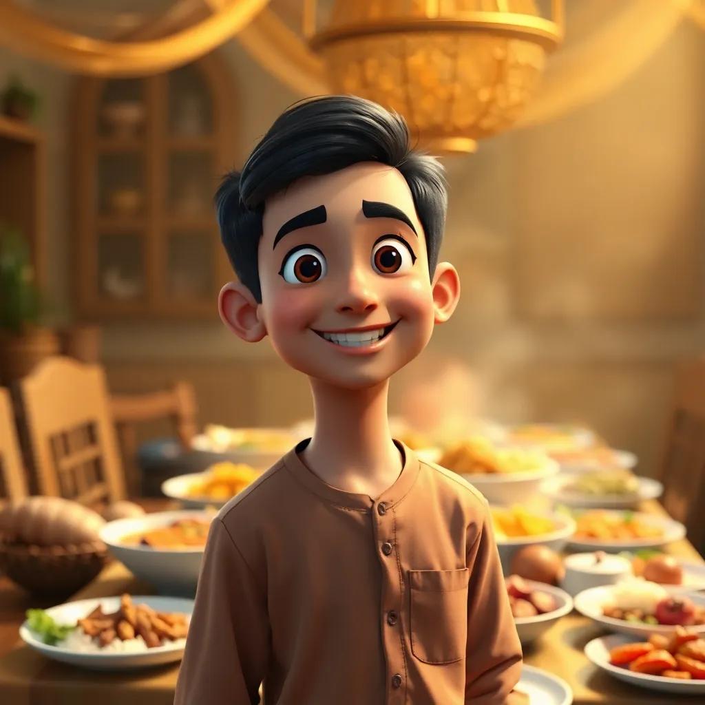 A young Arab boy, Ali, with dark hair wearing a casual shirt, smiling as he stands in front of his family table covered with delicious food, warm golden light, inviting atmosphere, cheerful, detailed digital art