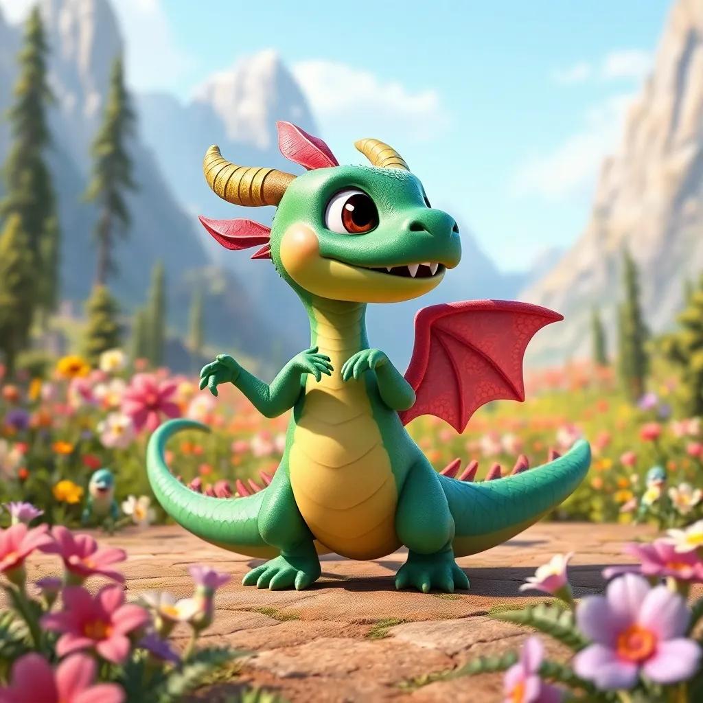 A little dragon named Dazzle with shiny green scales, practicing dance moves in a bright valley filled with flowers and tall trees, vibrant colors, joyful atmosphere, cheerful setting, high quality