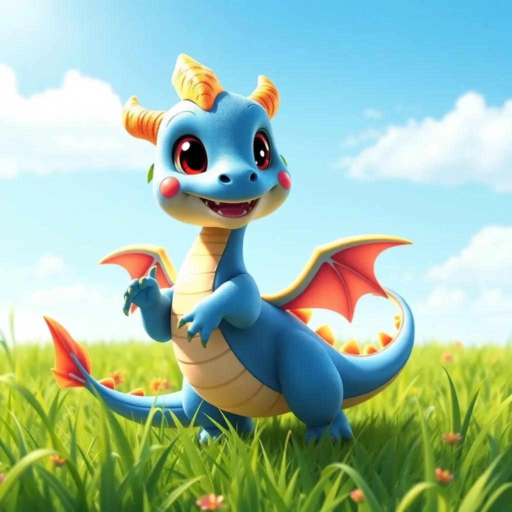 Dazzle the little dragon, spinning and twirling in the grass, under a sunny sky, bright colors, cute and happy expression, animated style, high quality