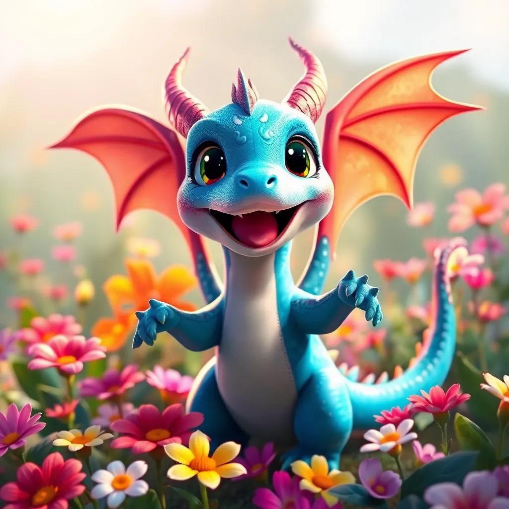 Dazzle, excited little dragon, stretching his tiny wings, surrounded by colorful flowers, happy ambiance, warm sunlight, cheerful scenery, high quality
