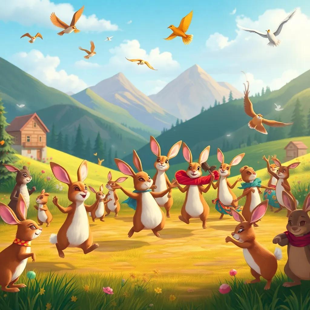 A lively dance party in the valley, with rabbits hopping, deer dancing gracefully, and birds flying, colorful and festive atmosphere, illustration, high quality