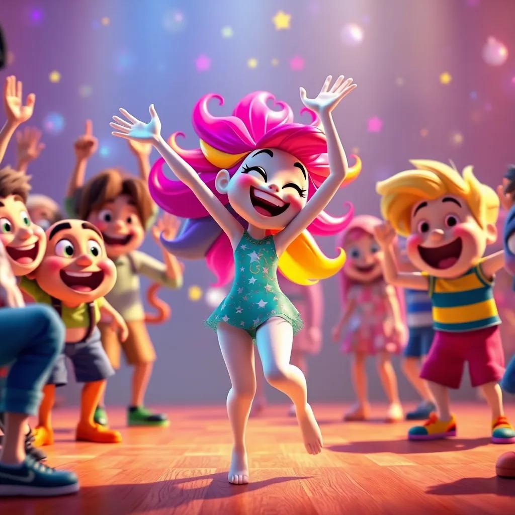 Dazzle dancing with joy, showing unique moves, surrounded by amazed friends, bright colors, engaging and cheerful scene, high quality