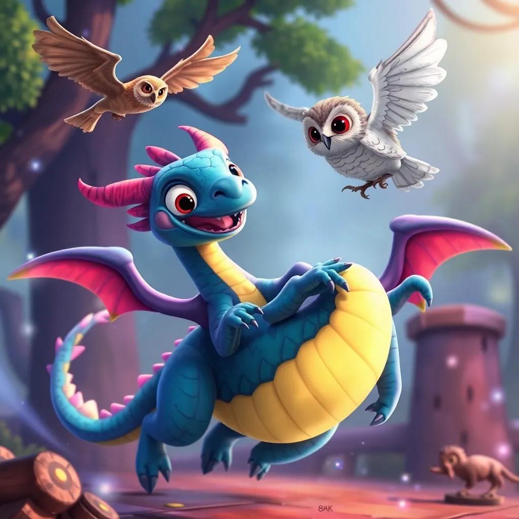 Dazzle the dragon, spinning and jumping, as a wise old owl flies down to talk to him, magical atmosphere, colorful setting, friendly expressions, high quality