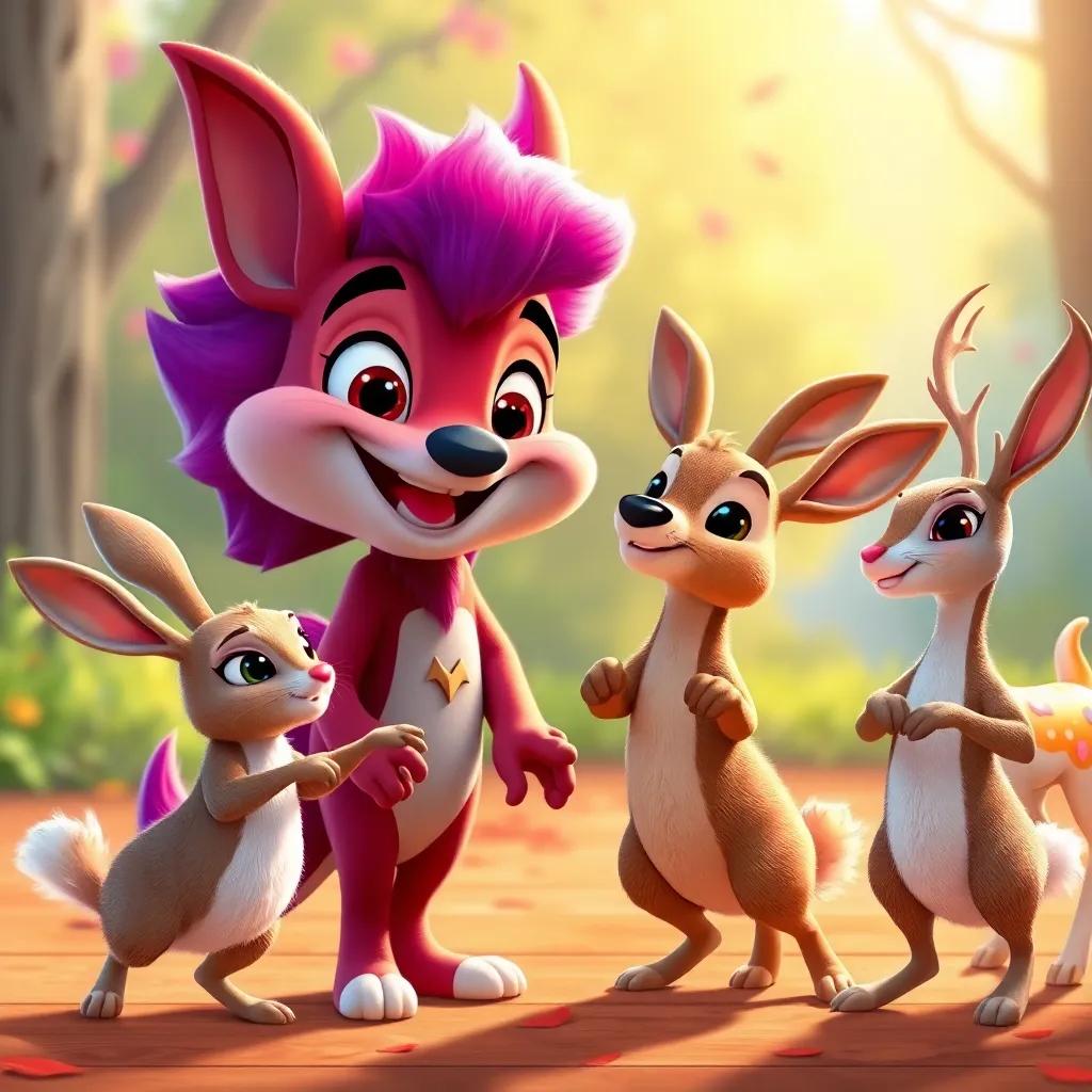 Dazzle smiling at his friends as they share dance moves, with rabbits and deer happily demonstrating, bright and warm colors, joyful interaction, high quality