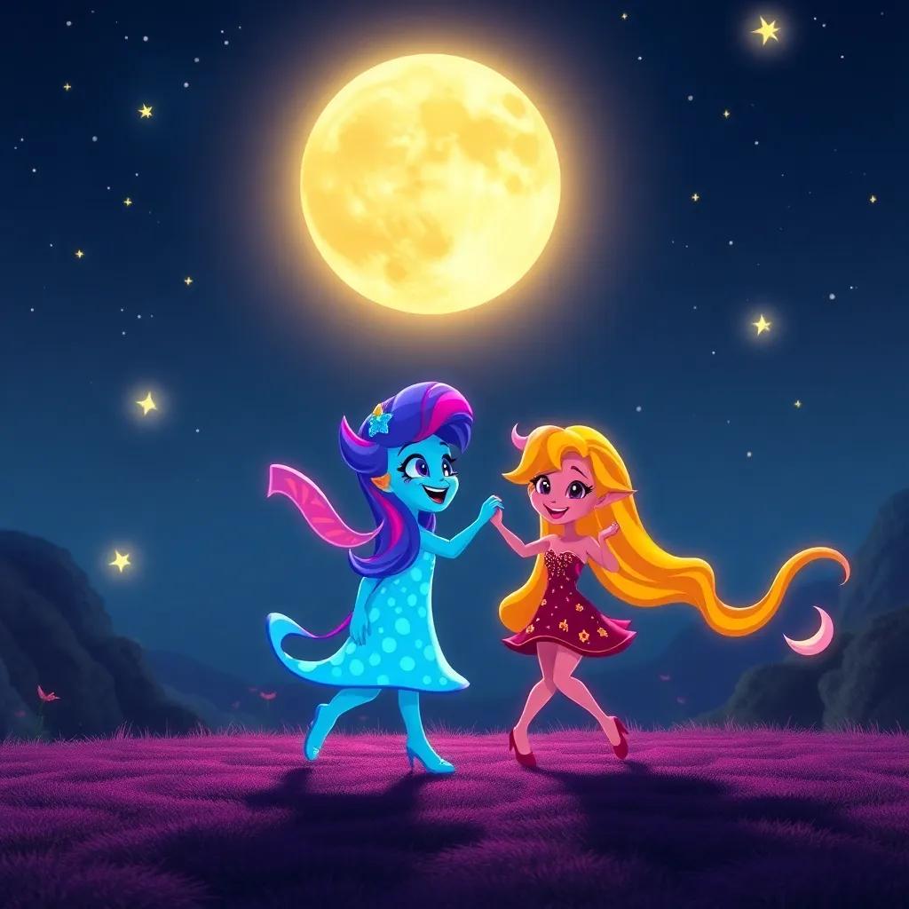 A beautiful moonlit night, Dazzle dancing with his friends under the stars, vibrant colors, peaceful and joyful atmosphere, high quality