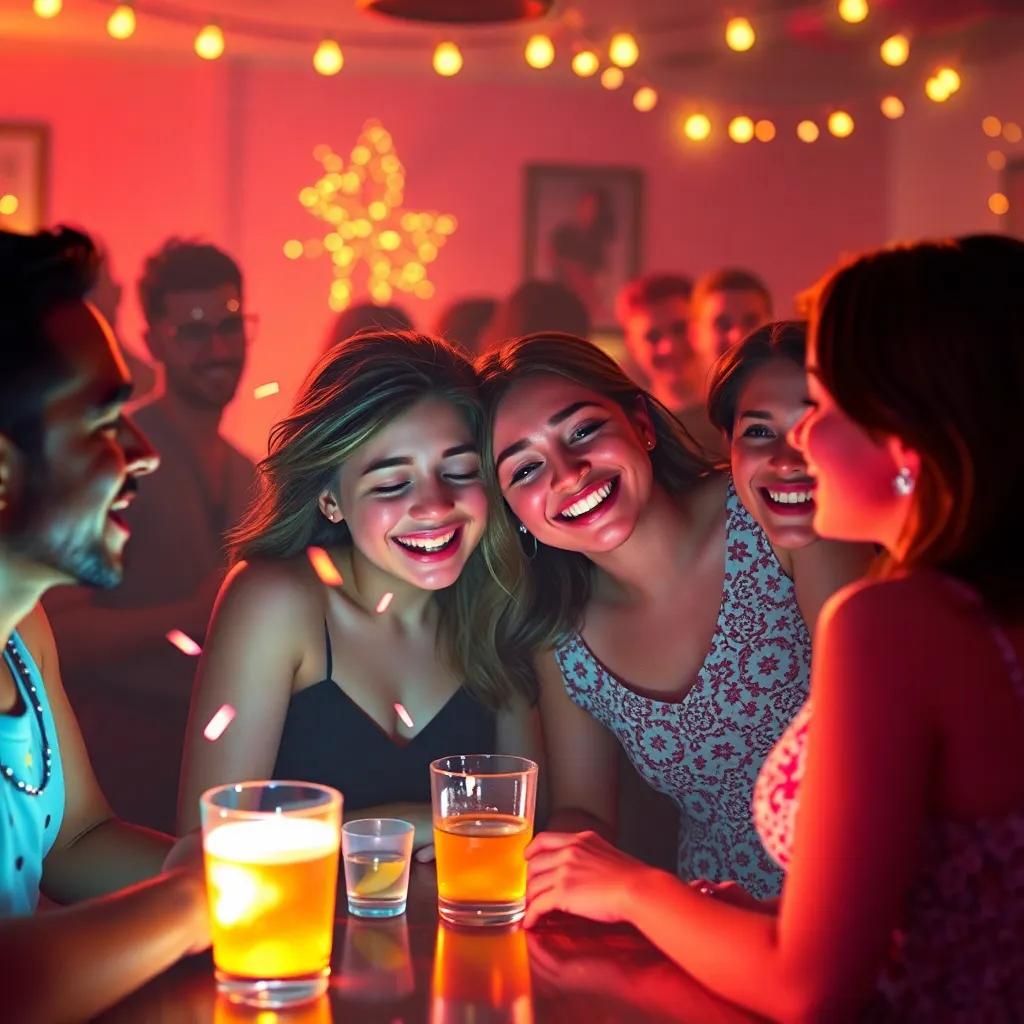 Dazzle, tired but happy after the dance party, surrounded by friends, enjoying togetherness, warm colors, comforting atmosphere, high quality