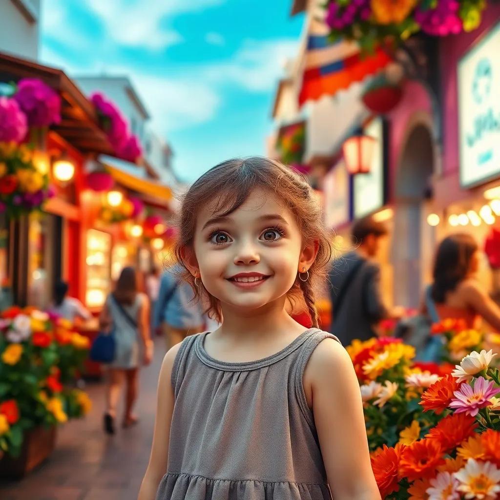 A little dreamer girl, with bright eyes and a hopeful smile, standing at the edge of a bustling street filled with colorful flowers and cheerful people, digital art, vibrant atmosphere, strong focus, high quality