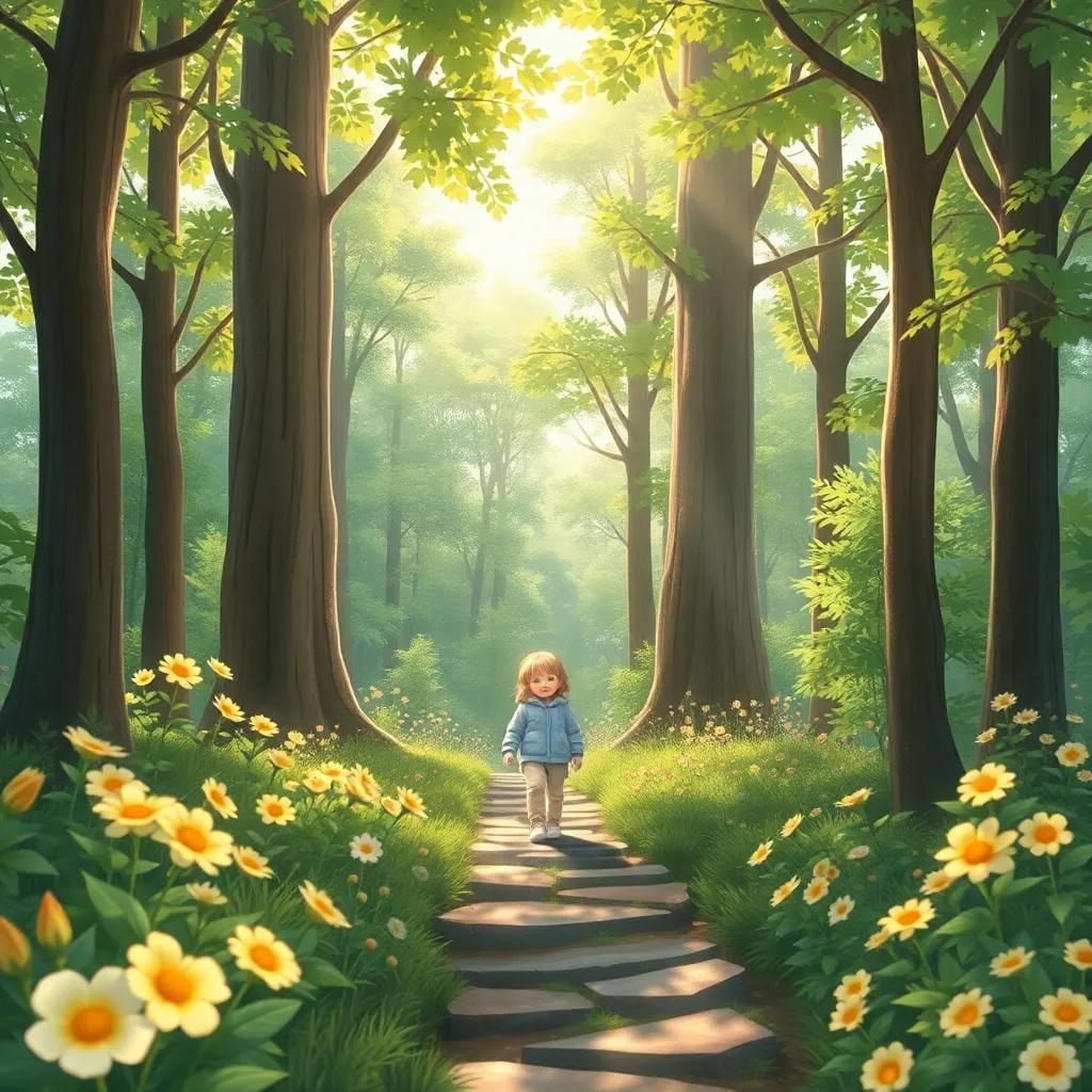 The little dreamer walking through a lush green forest, surrounded by tall trees and bright flowers, with sunlight filtering through leaves, cheerful and whimsical, detailed illustration, enchanting setting