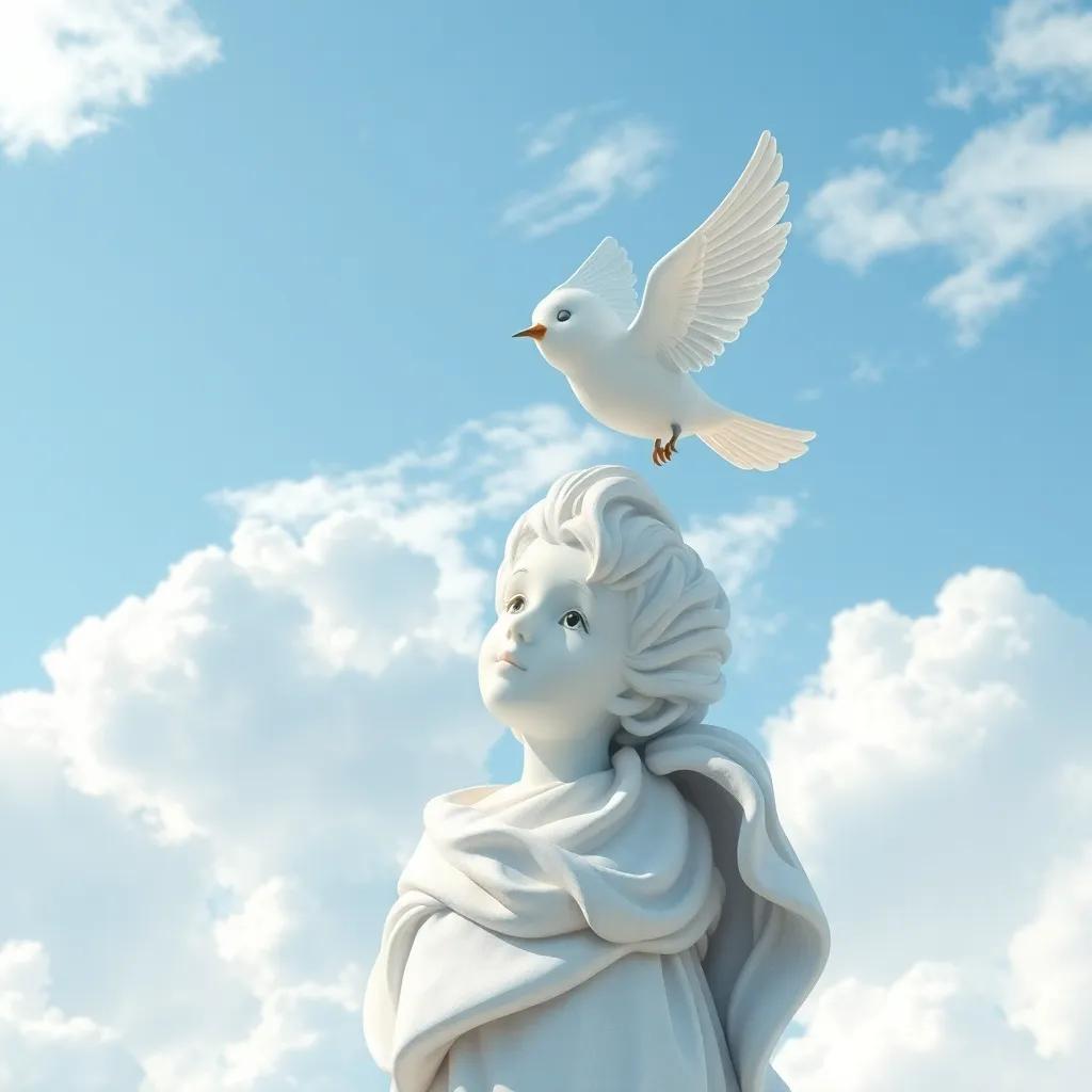 A small bird flying above the little dreamer, singing sweetly, in the sky filled with soft white clouds and bright blue, uplifting and joyful, illustration, child-friendly