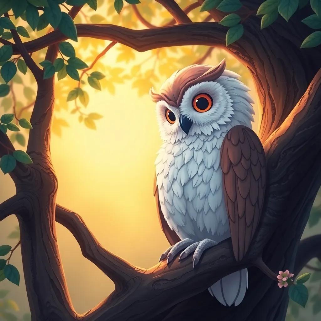 An old wise owl perched on a tree branch, looking down at the little dreamer with warm eyes, evening light filtering through the branches, storytelling mood, colorful illustration, friendly