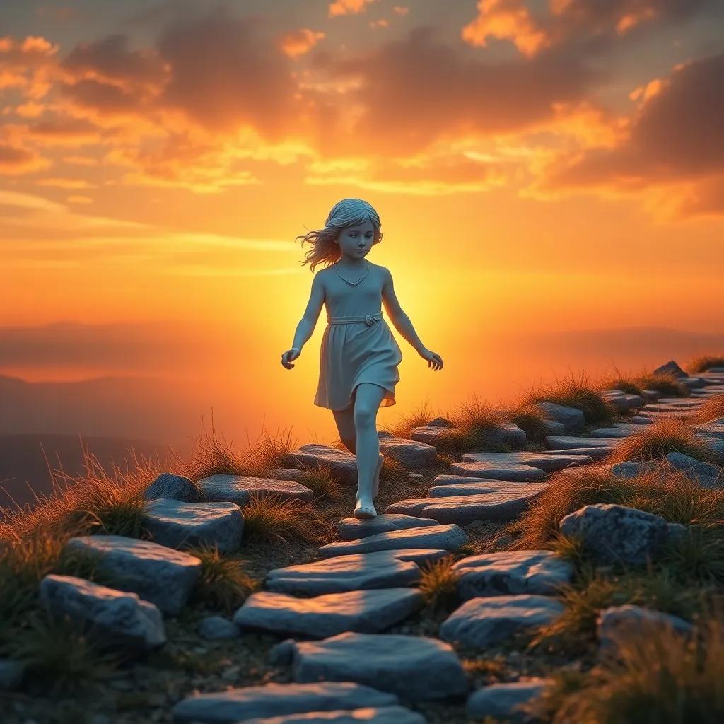 The little dreamer walking along a bumpy path, with a sunset sky glowing behind her, filled with hope and determination, warm colors, dreamlike quality, high quality
