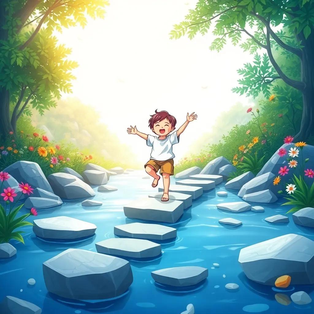 The little dreamer joyfully cross over a river on stepping stones, surrounded by nature's beauty, with colorful flowers blooming, bright and uplifting, cheerful illustration, inviting atmosphere